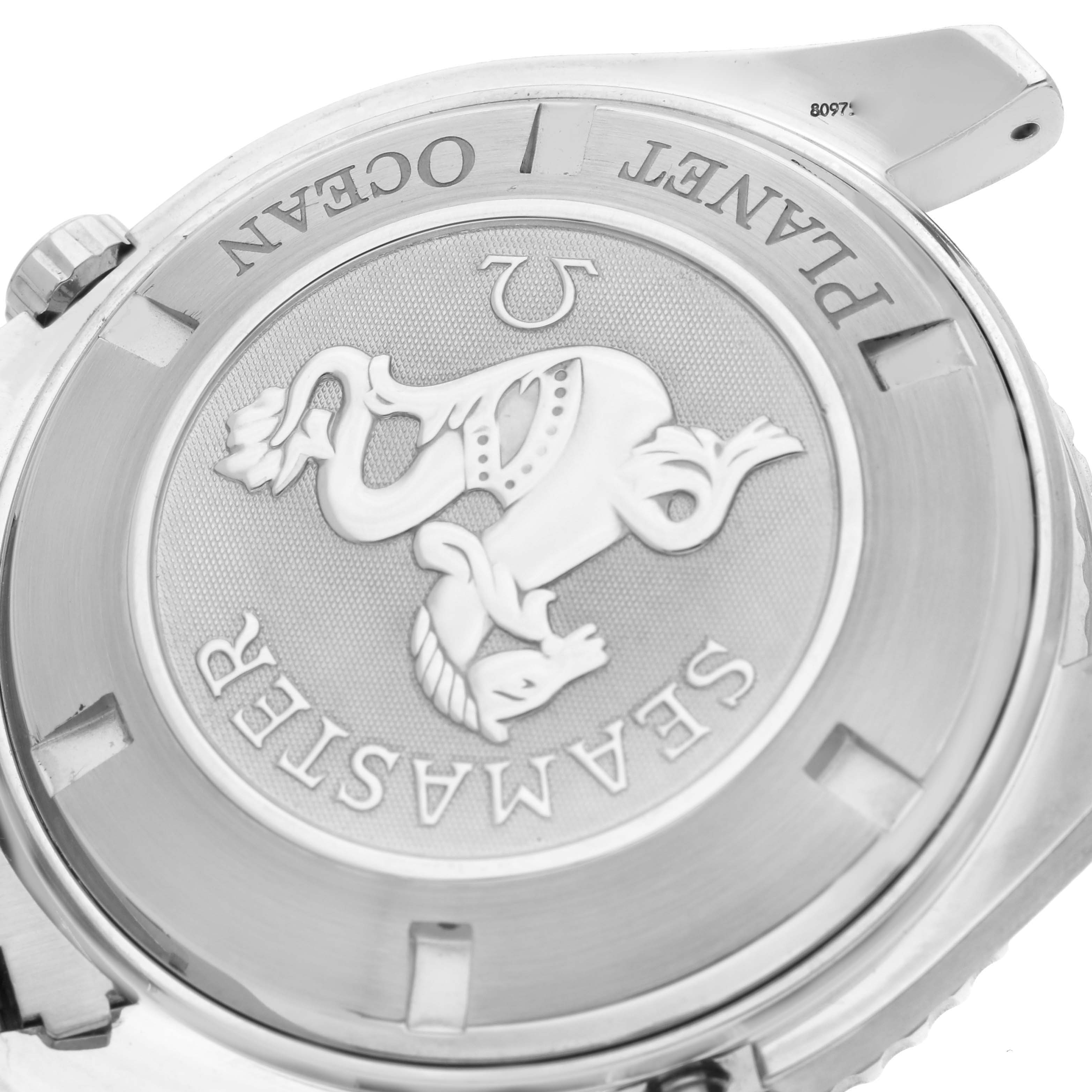 The image shows the back case of an Omega Planet Ocean 2900.50.37 Men
s Stainless Steel Black Dial 2900.50.37 Men
s Stainless Steel Black Dial watch featuring the Seamaster logo.