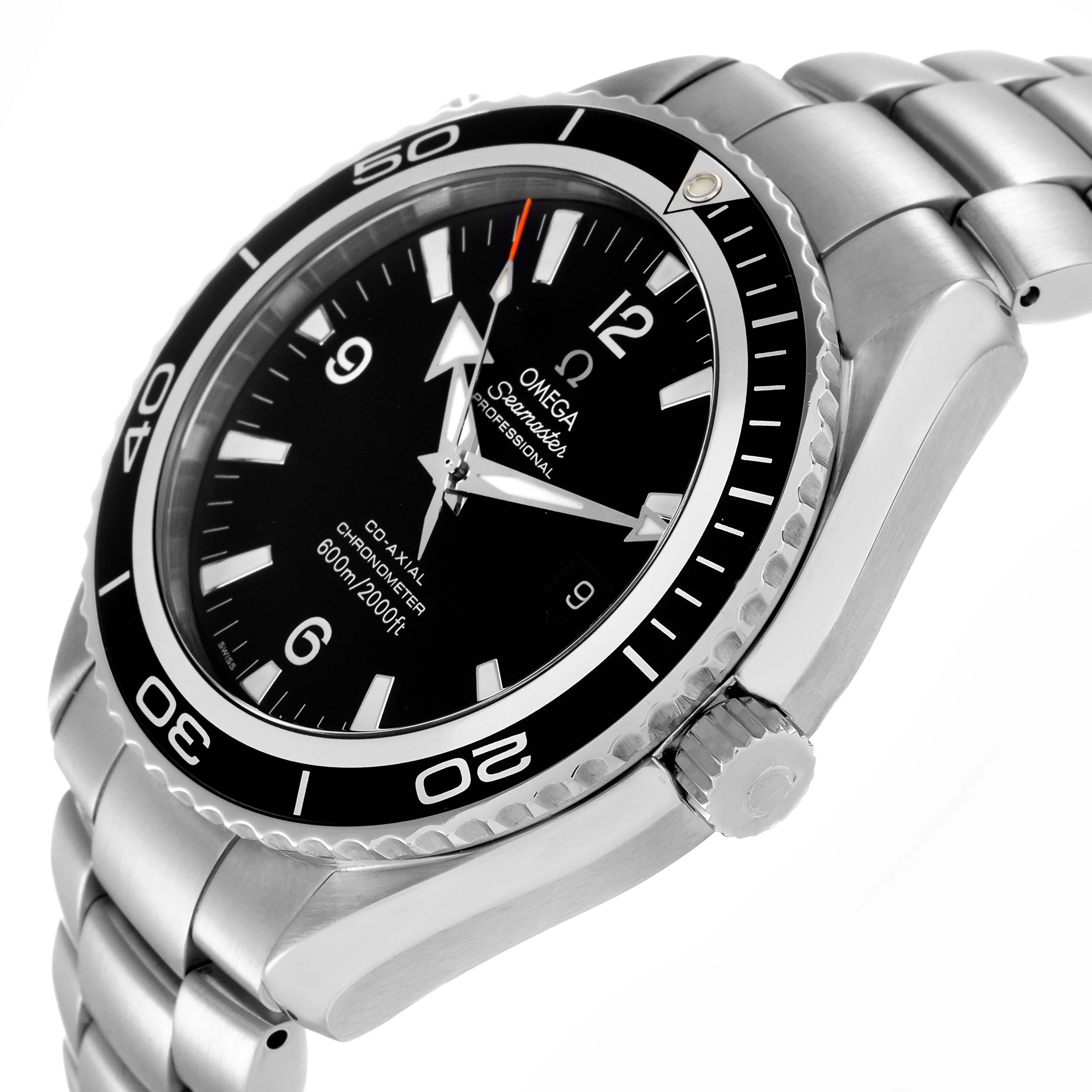 The Omega Planet Ocean 2900.50.37 Men
s Stainless Steel Black Dial 2900.50.37 Men
s Stainless Steel Black Dial watch is shown at an angled side view, displaying the dial, bezel, crown, and stainless steel bracelet.