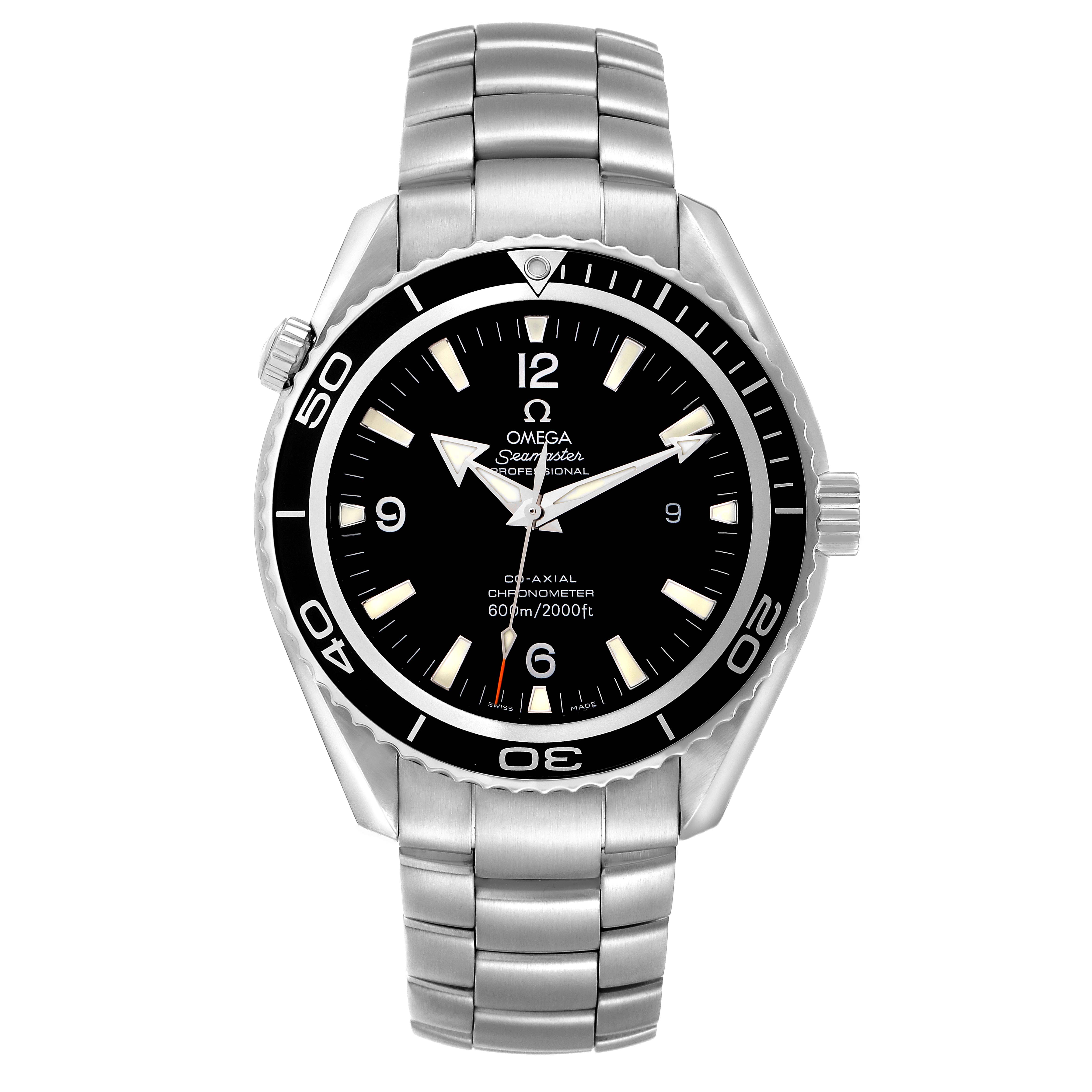 The Omega Planet Ocean 2900.50.37 Men
s Stainless Steel Black Dial 2900.50.37 Men
s Stainless Steel Black Dial watch is shown from the front, displaying the dial, bezel, and bracelet clearly.