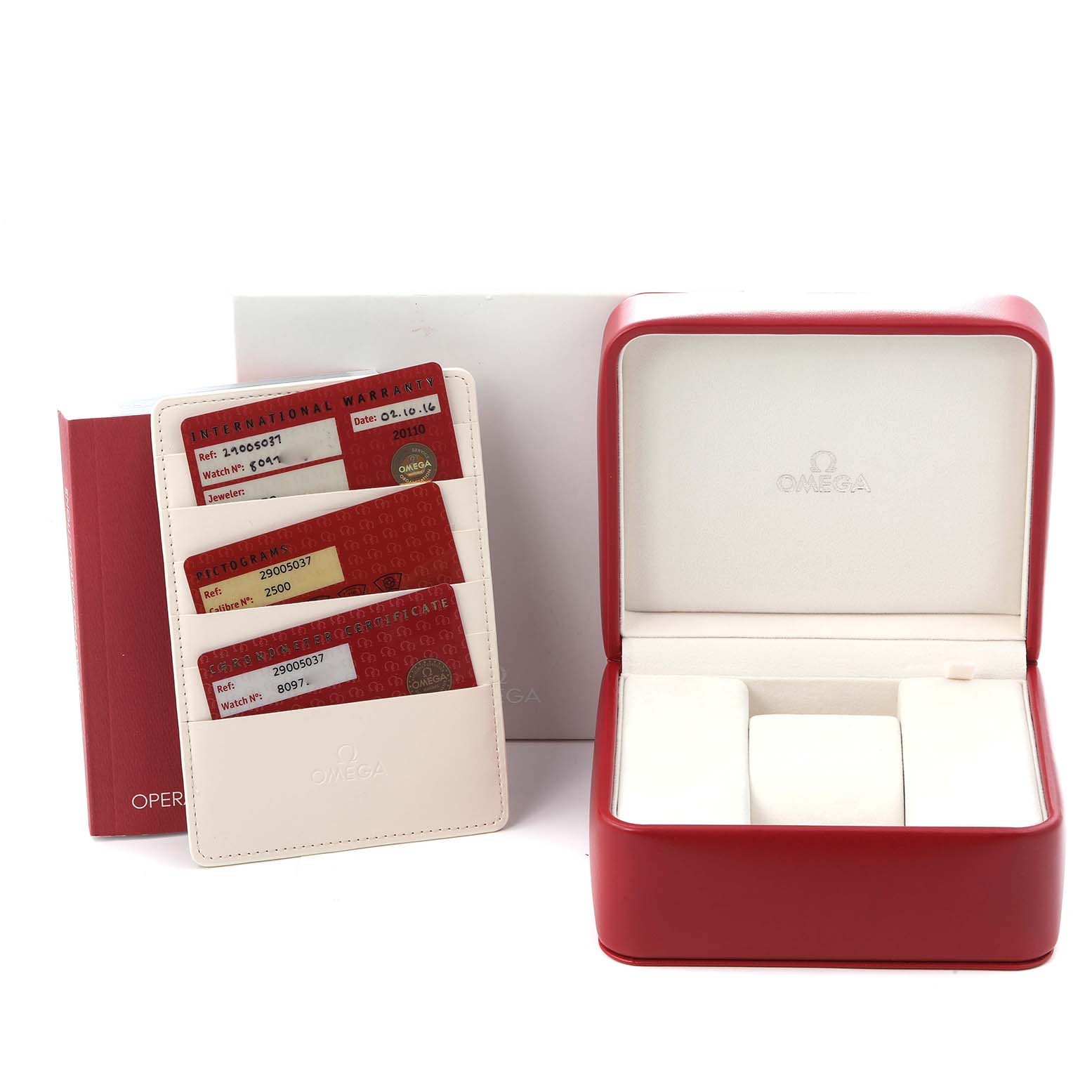 The image shows an Omega Planet Ocean 2900.50.37 Men
s Stainless Steel Black Dial 2900.50.37 Men
s Stainless Steel Black Dial watch box, warranty cards, and instruction booklet.