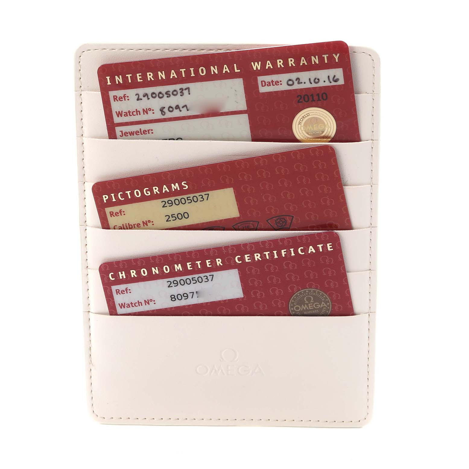 The image shows Omega Planet Ocean 2900.50.37 Men
s Stainless Steel Black Dial 2900.50.37 Men
s Stainless Steel Black Dial
s warranty, pictograms, and chronometer certificate cards in a white holder.