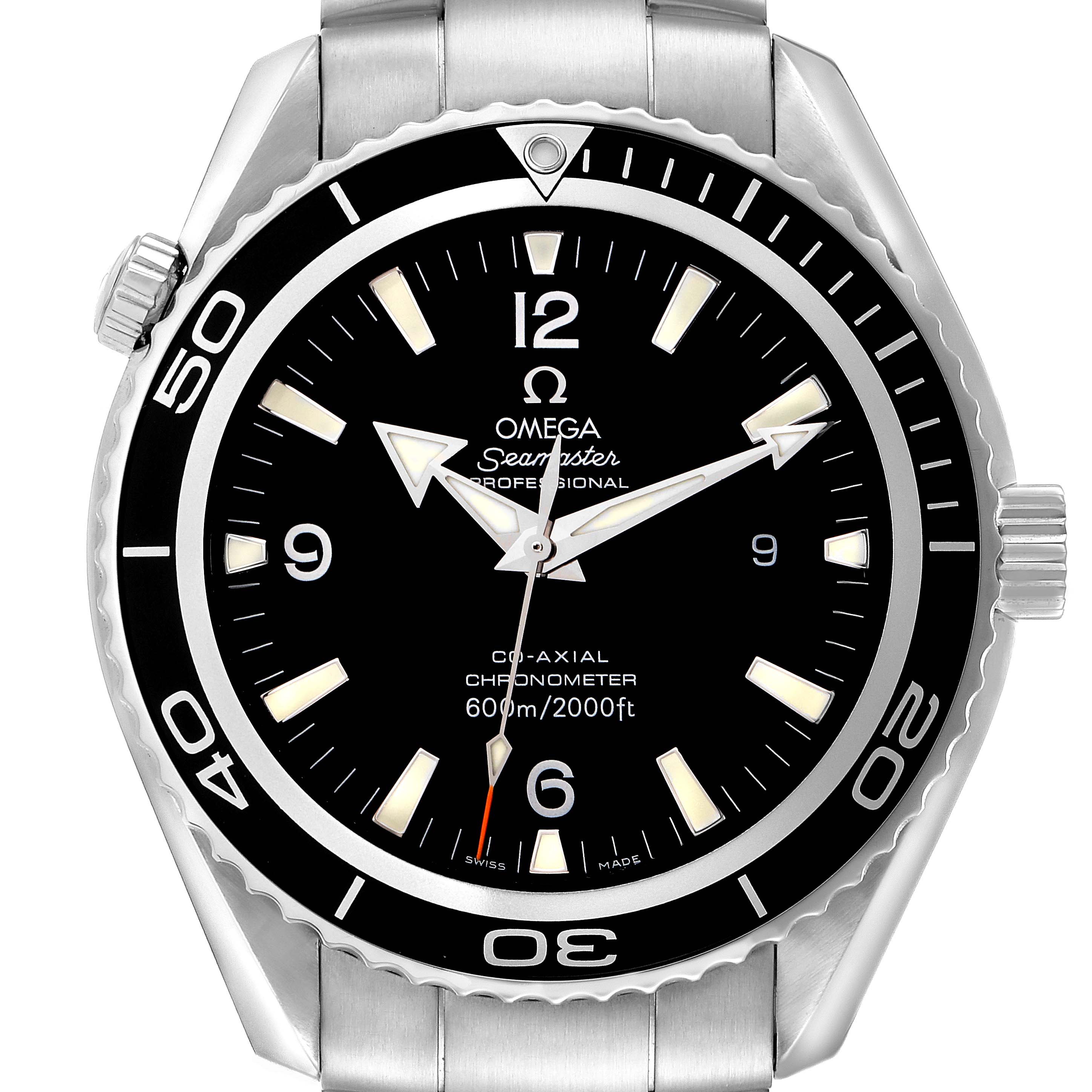 The Omega Planet Ocean 2900.50.37 Men
s Stainless Steel Black Dial 2900.50.37 Men
s Stainless Steel Black Dial watch is shown from the front, displaying the dial, bezel, and part of the bracelet.