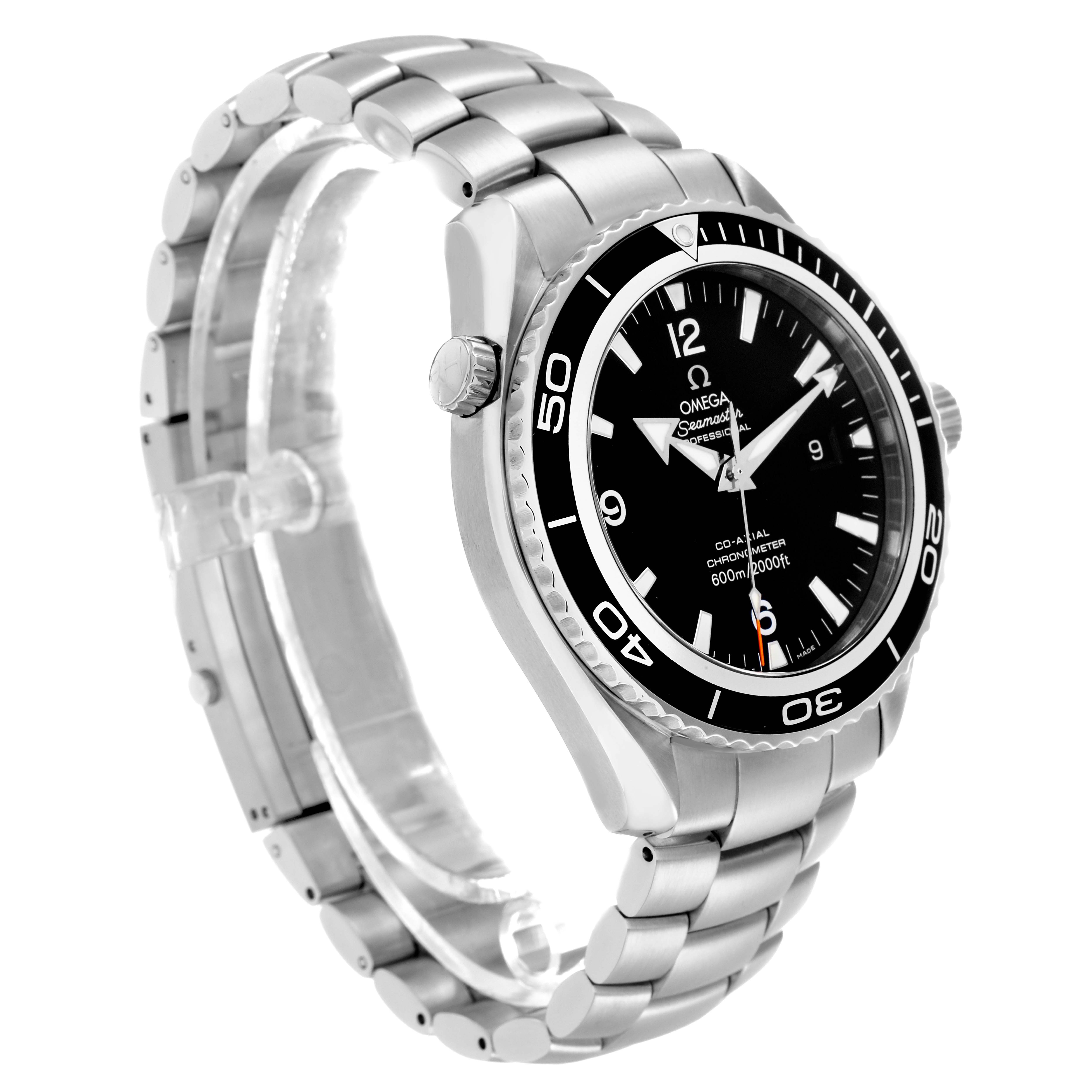 The Omega Planet Ocean 2900.50.37 Men
s Stainless Steel Black Dial 2900.50.37 Men
s Stainless Steel Black Dial watch is shown at a three-quarter angle, highlighting the face, bezel, crown, and bracelet.