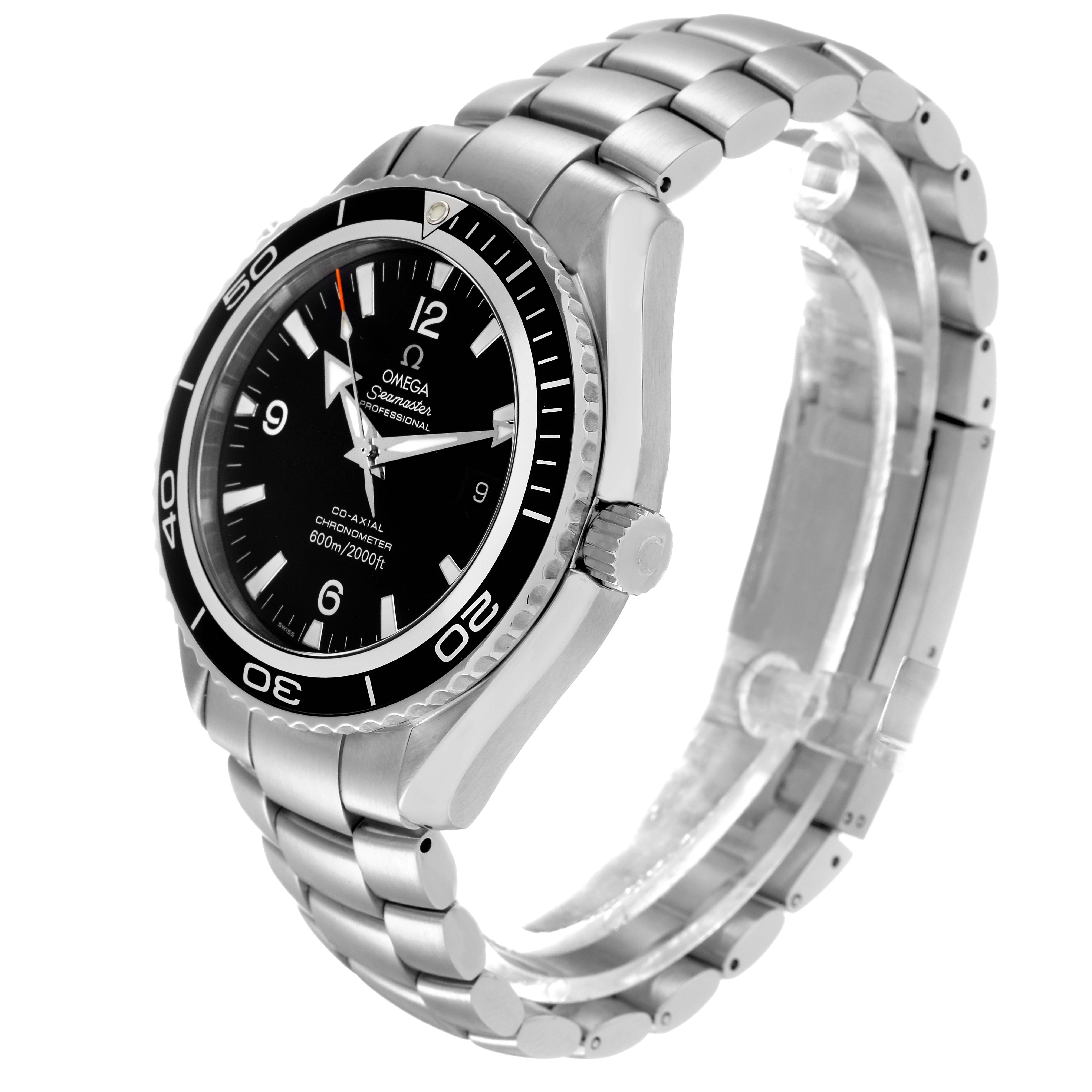 The Omega Planet Ocean 2900.50.37 Men
s Stainless Steel Black Dial 2900.50.37 Men
s Stainless Steel Black Dial watch is shown at a three-quarter angle, highlighting the bezel, face, and stainless steel bracelet.