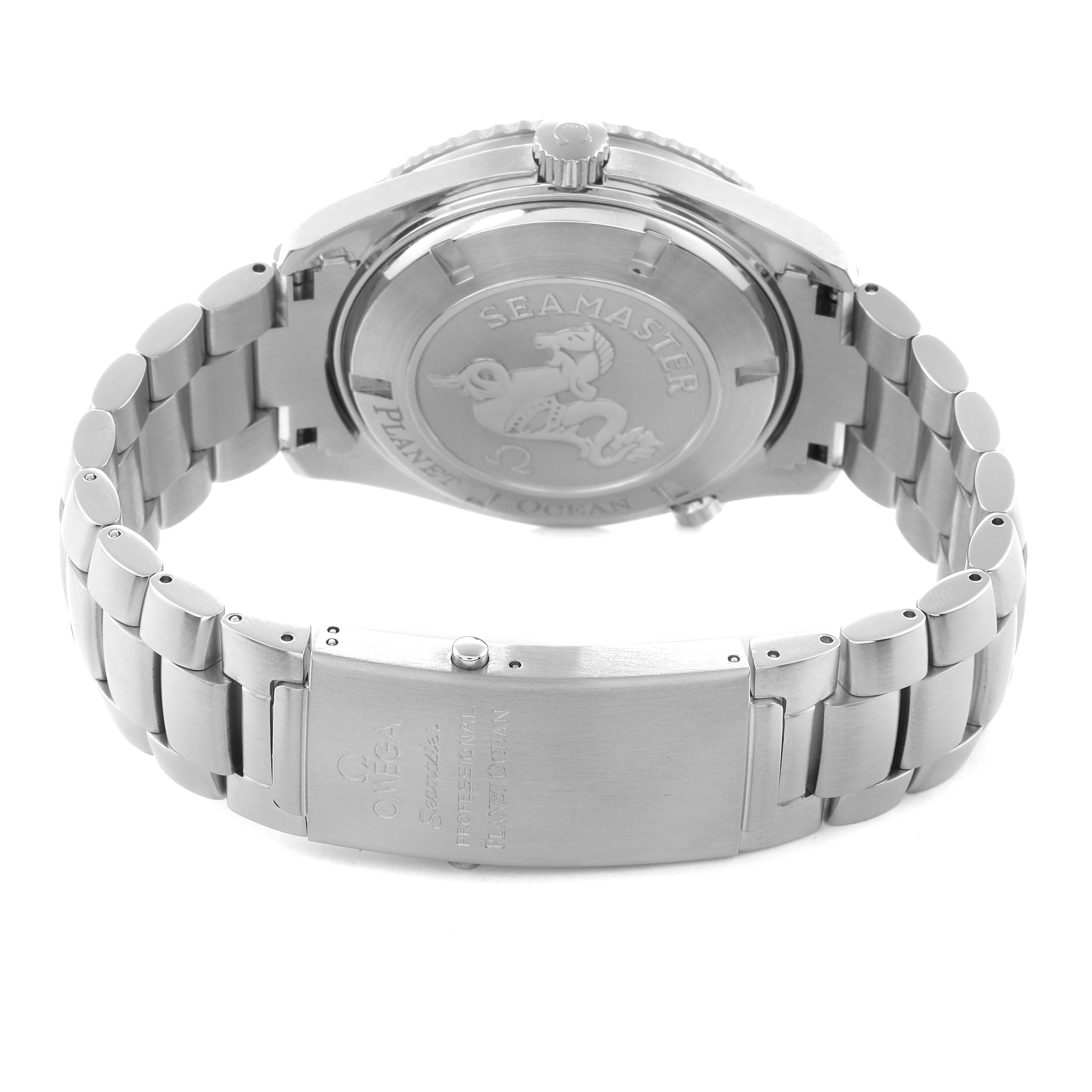 The image shows the back case and metal bracelet of the Omega Planet Ocean 2900.50.37 Men
s Stainless Steel Black Dial 2900.50.37 Men
s Stainless Steel Black Dial watch, highlighting the clasp and case back engravings.