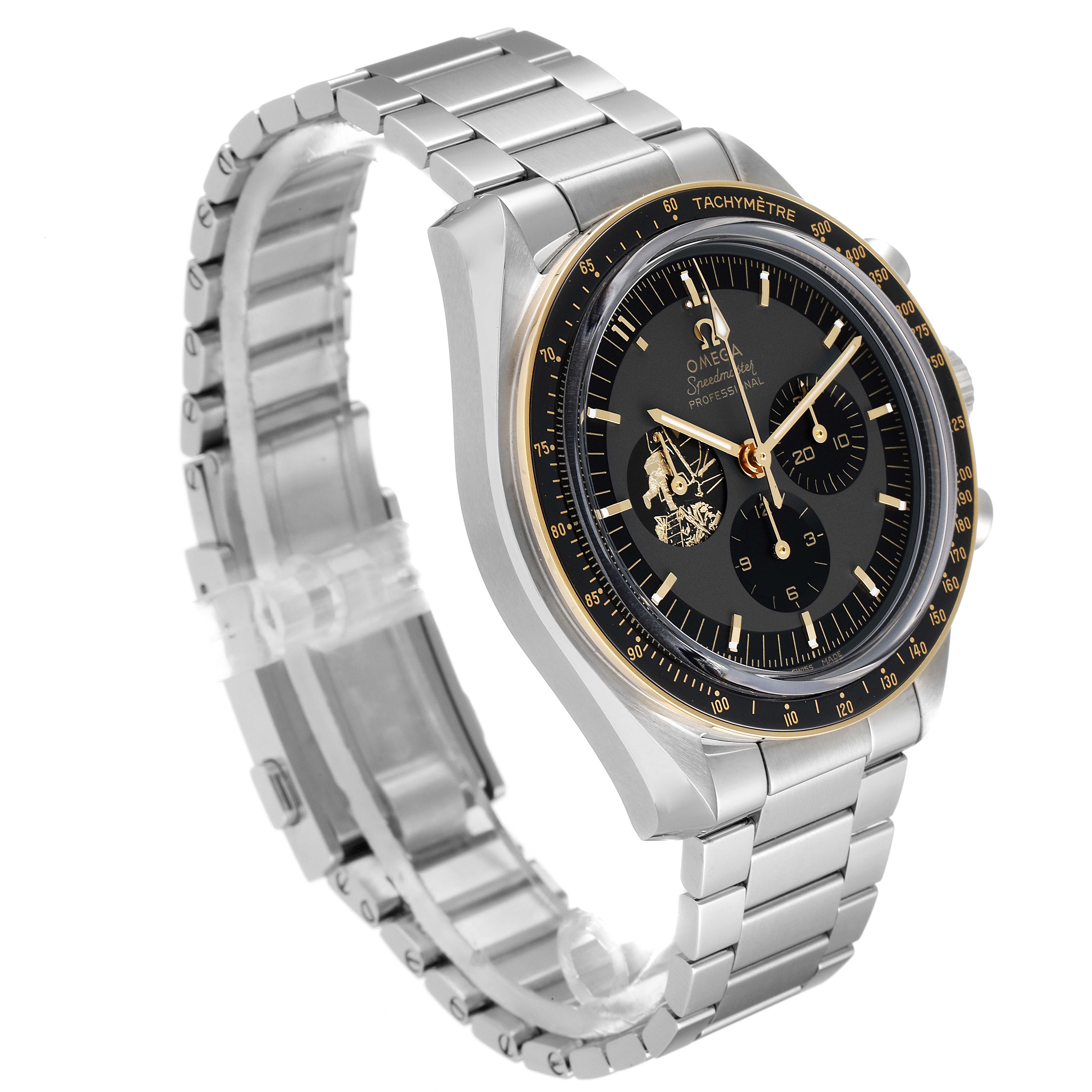 The image shows an Omega Speedmaster 310.20.42.50.01.001 Men's Stainless Steel Grey Dial 310.20.42.50.01.001 Men's Stainless Steel Grey Dial watch angled to highlight its face, bezel, and stainless steel bracelet.