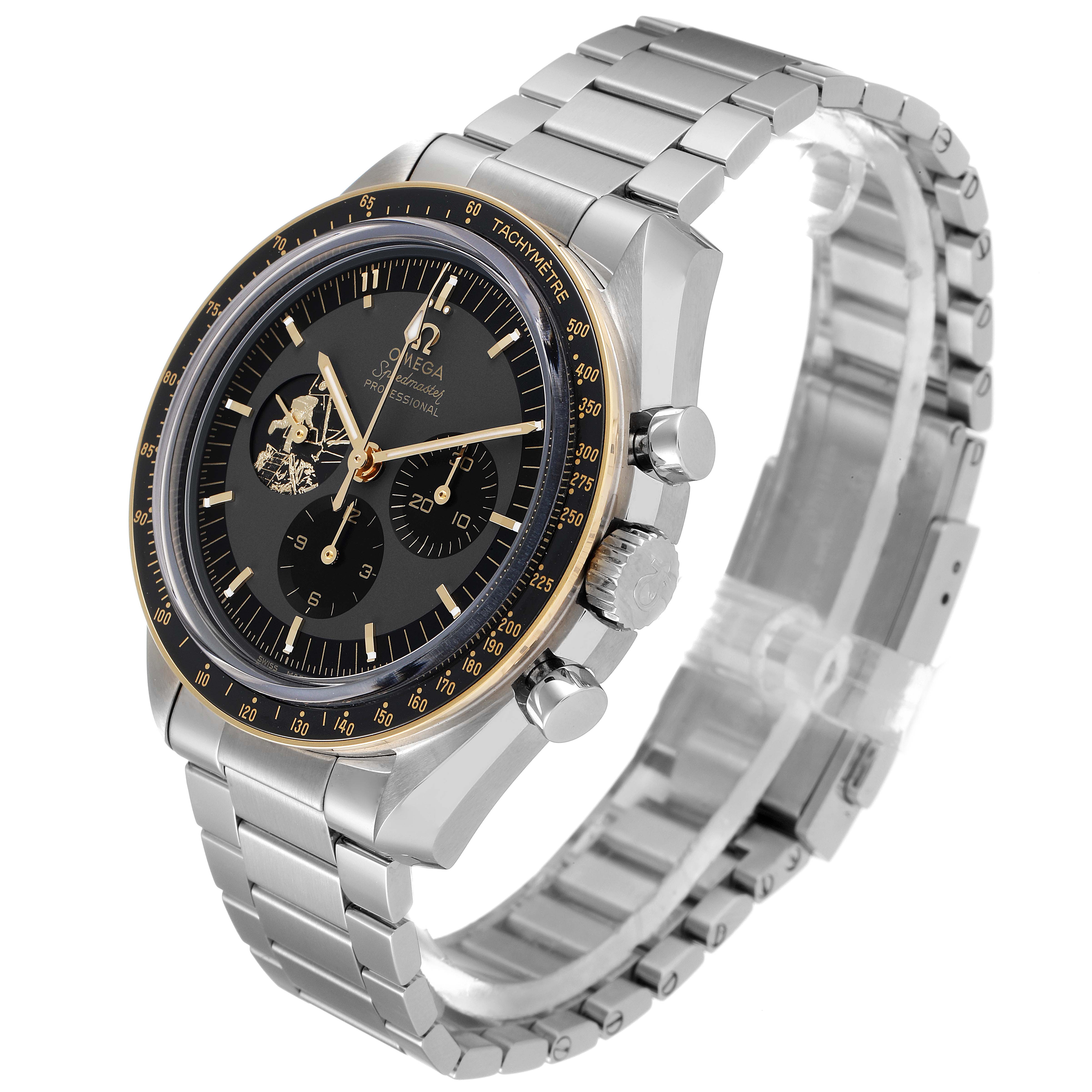 This image shows an angled view of the Omega Speedmaster 310.20.42.50.01.001 Men's Stainless Steel Grey Dial 310.20.42.50.01.001 Men's Stainless Steel Grey Dial watch, highlighting the dial, tachymeter, and bracelet.