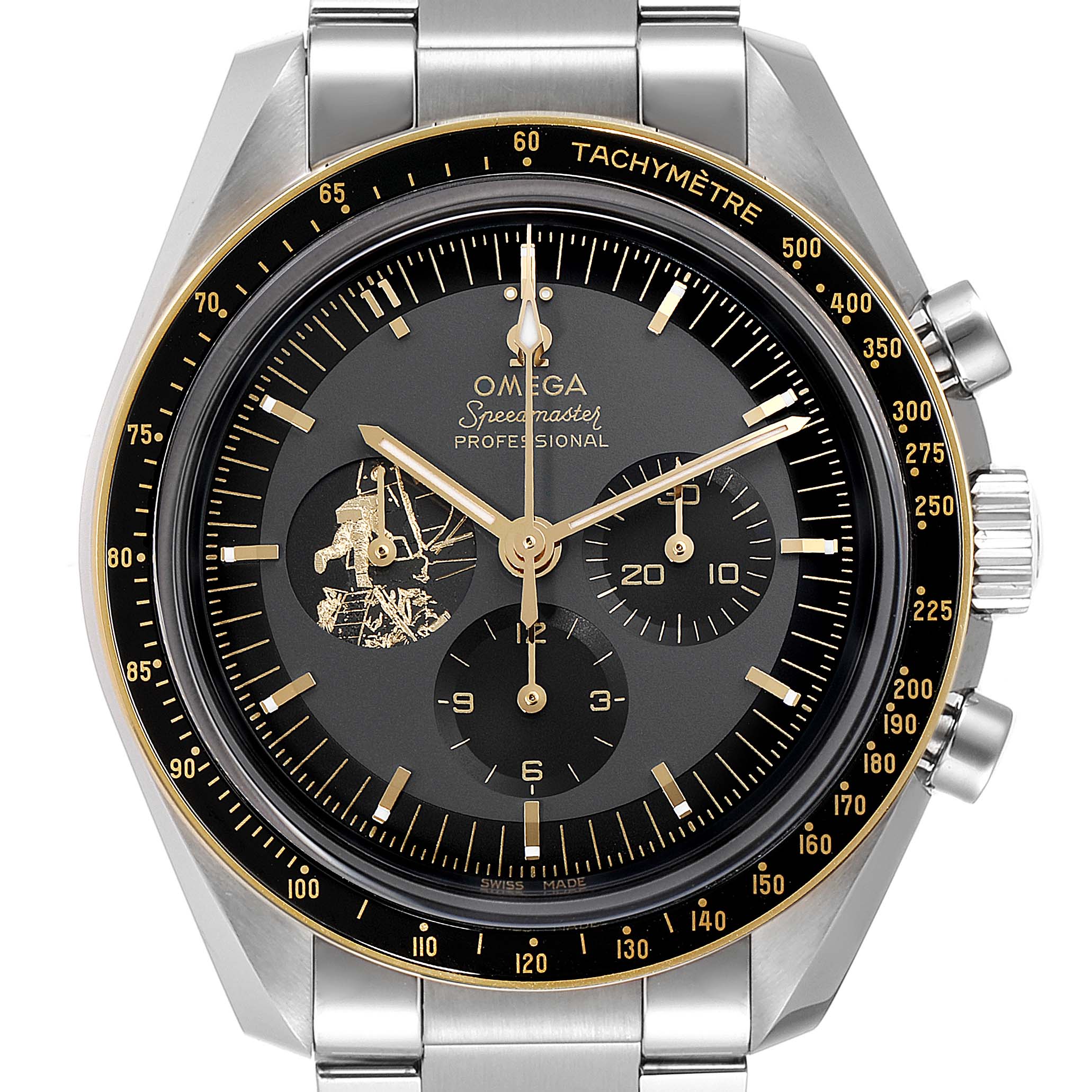 This image shows a frontal view of an Omega Speedmaster 310.20.42.50.01.001 Men's Stainless Steel Grey Dial 310.20.42.50.01.001 Men's Stainless Steel Grey Dial watch, highlighting the dial, sub-dials, bezel, and bracelet.