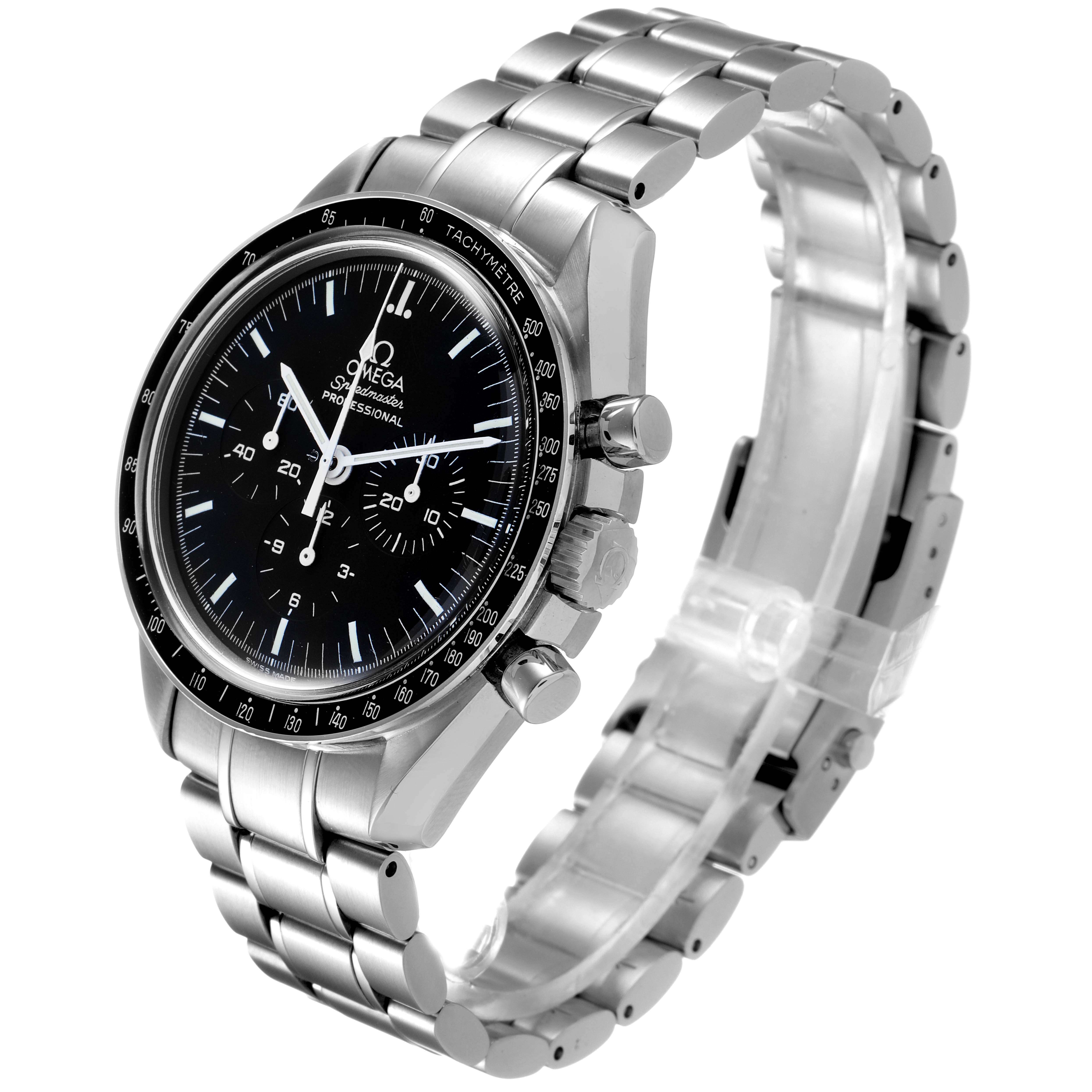 The image shows an angled side view of the Omega Speedmaster 3570.50.00 Men
s Stainless Steel Black Dial 3570.50.00 Men
s Stainless Steel Black Dial watch, displaying its face, bezel, and stainless steel bracelet.