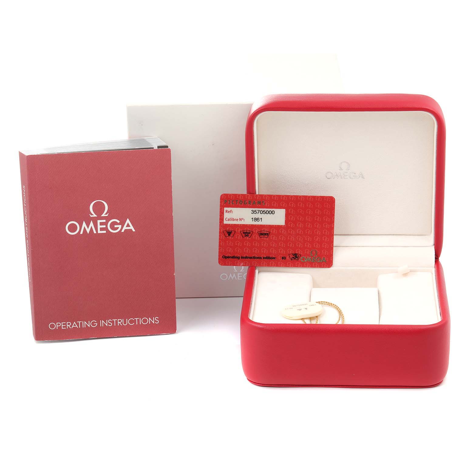 The image shows Omega Speedmaster 3570.50.00 Men
s Stainless Steel Black Dial 3570.50.00 Men
s Stainless Steel Black Dial accessories, including the operating instructions, warranty card, and watch box taken from a front angle.