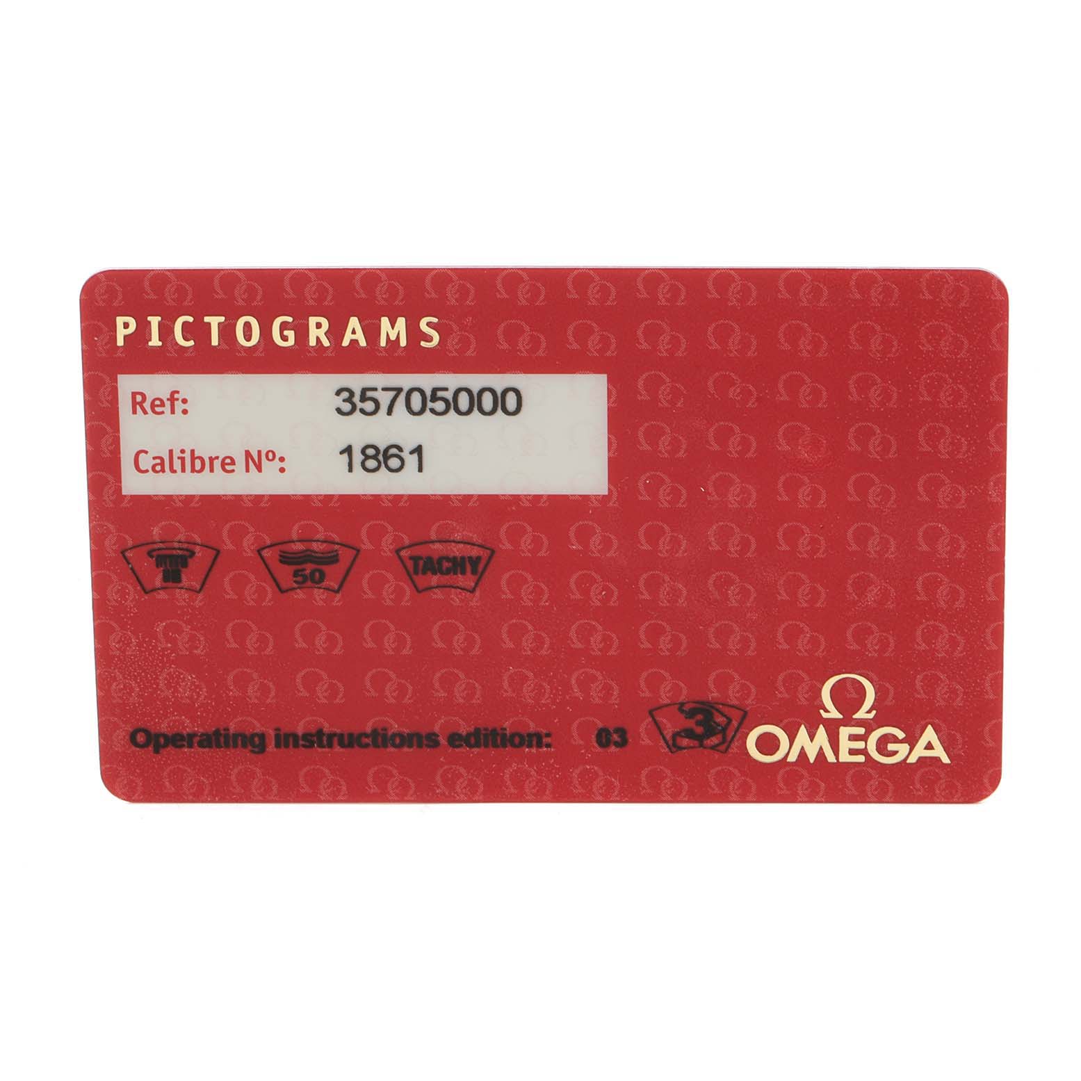 The image shows the front side of a red identification card for an Omega Speedmaster 3570.50.00 Men
s Stainless Steel Black Dial 3570.50.00 Men
s Stainless Steel Black Dial watch.