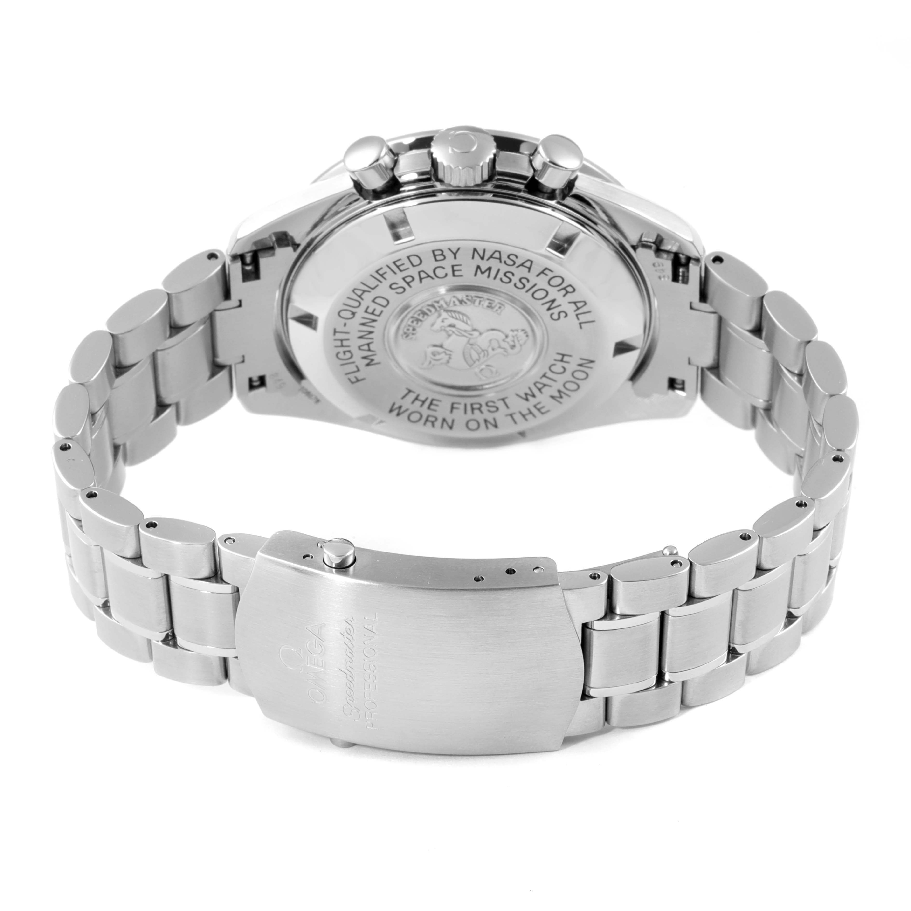 The image shows the back case and bracelet of the Omega Speedmaster 3570.50.00 Men
s Stainless Steel Black Dial 3570.50.00 Men
s Stainless Steel Black Dial watch, highlighting the engraved text and clasp.