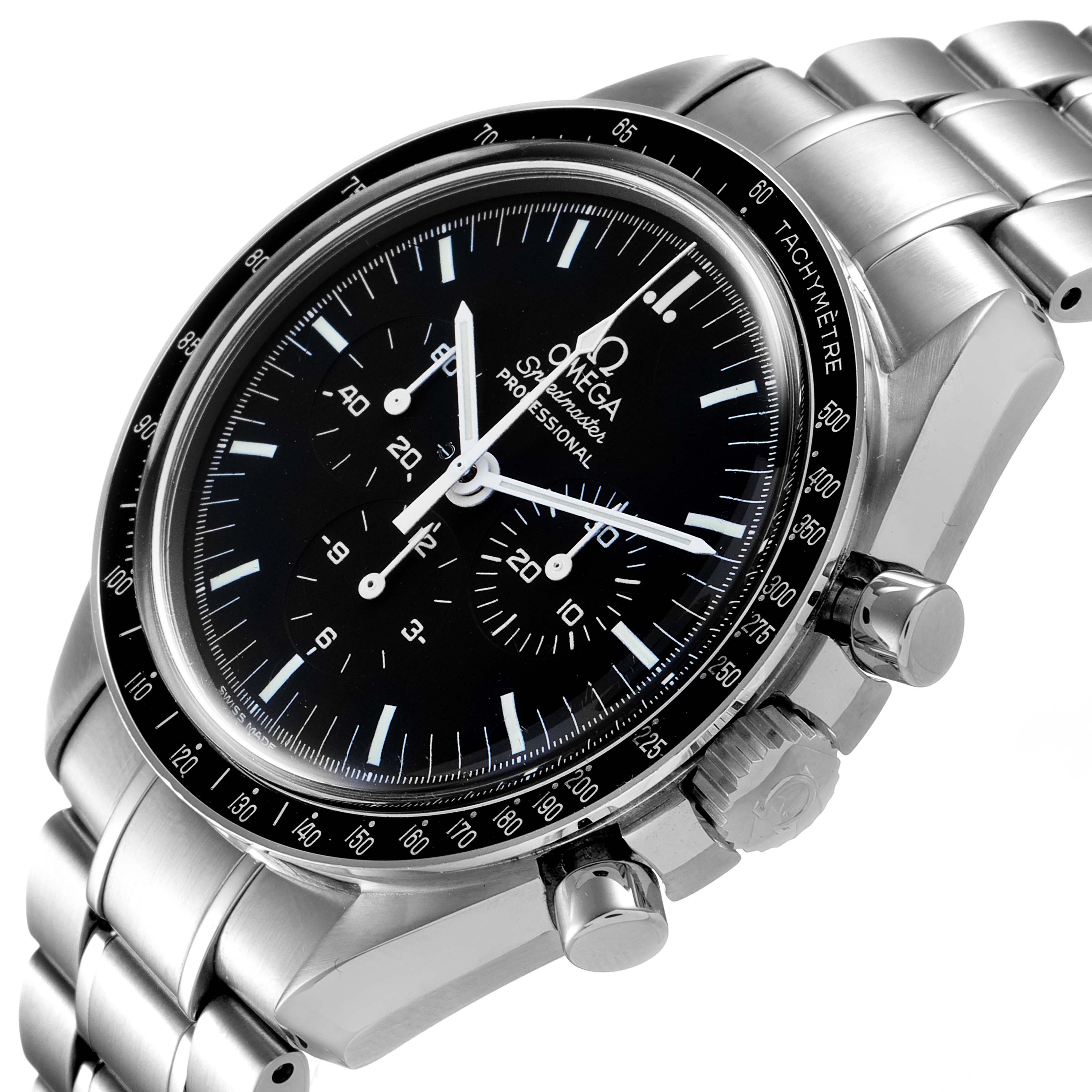 This image shows the Omega Speedmaster 3570.50.00 Men
s Stainless Steel Black Dial 3570.50.00 Men
s Stainless Steel Black Dial watch at an oblique angle, highlighting its dial, case, and bracelet.
