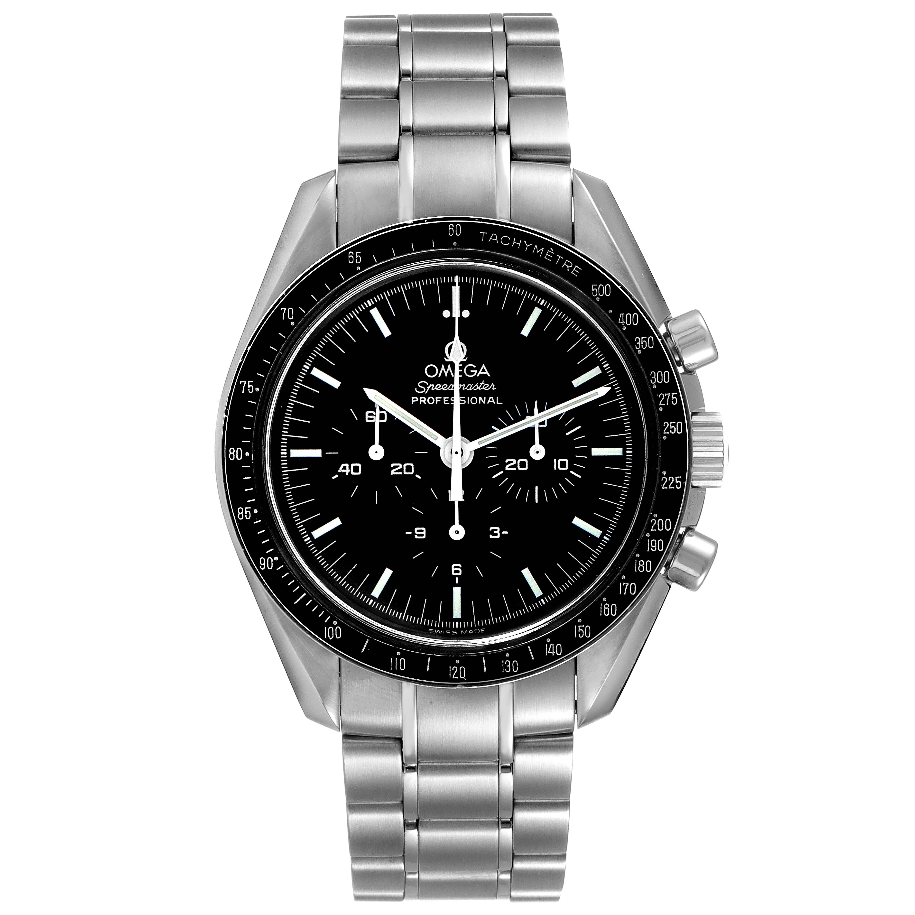 This image shows a front view of an Omega Speedmaster 3570.50.00 Men
s Stainless Steel Black Dial 3570.50.00 Men
s Stainless Steel Black Dial watch, featuring a stainless steel bracelet and black dial with three sub-dials.