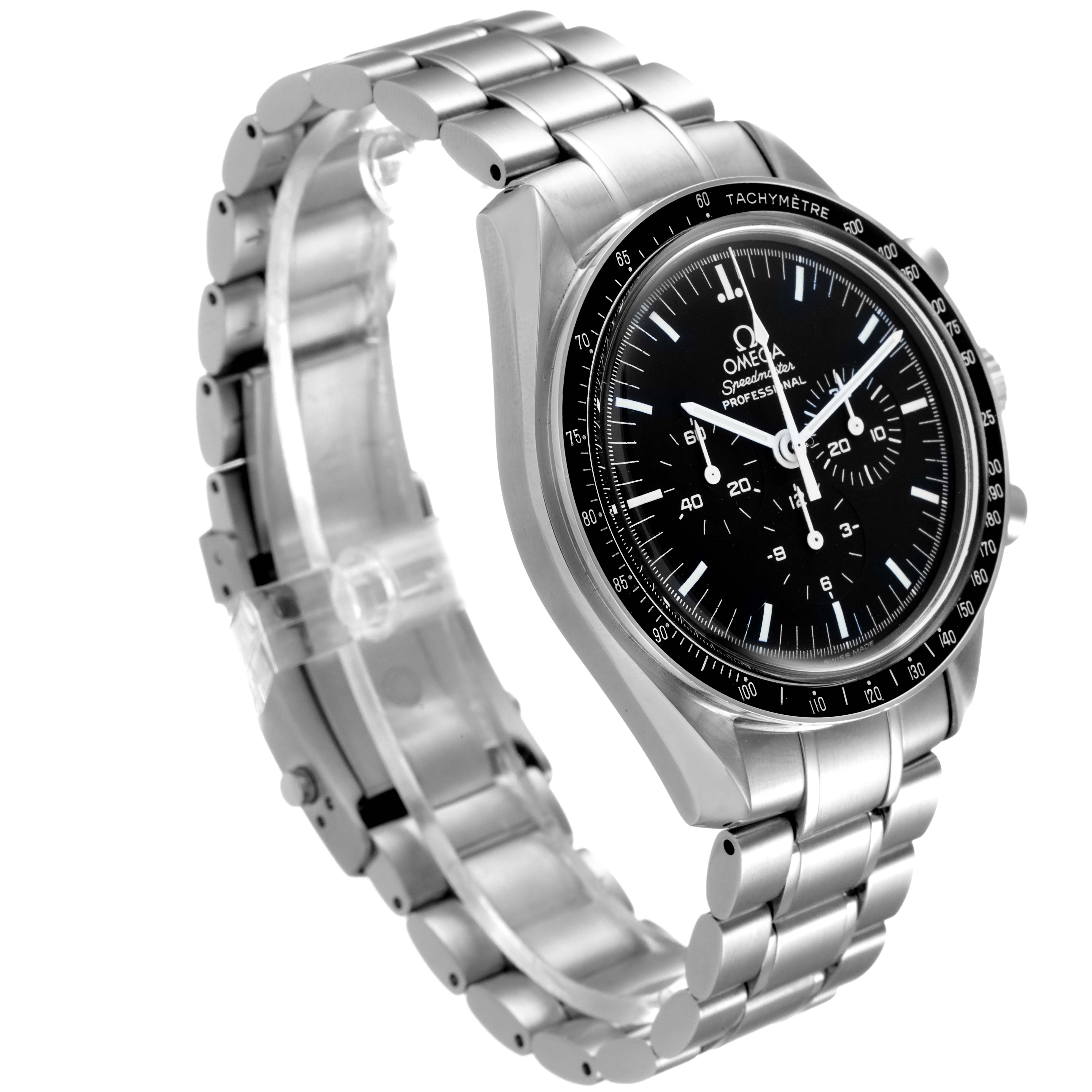 The image shows an angled view of the Omega Speedmaster 3570.50.00 Men
s Stainless Steel Black Dial 3570.50.00 Men
s Stainless Steel Black Dial watch, highlighting its dial, bezel, and stainless steel bracelet.