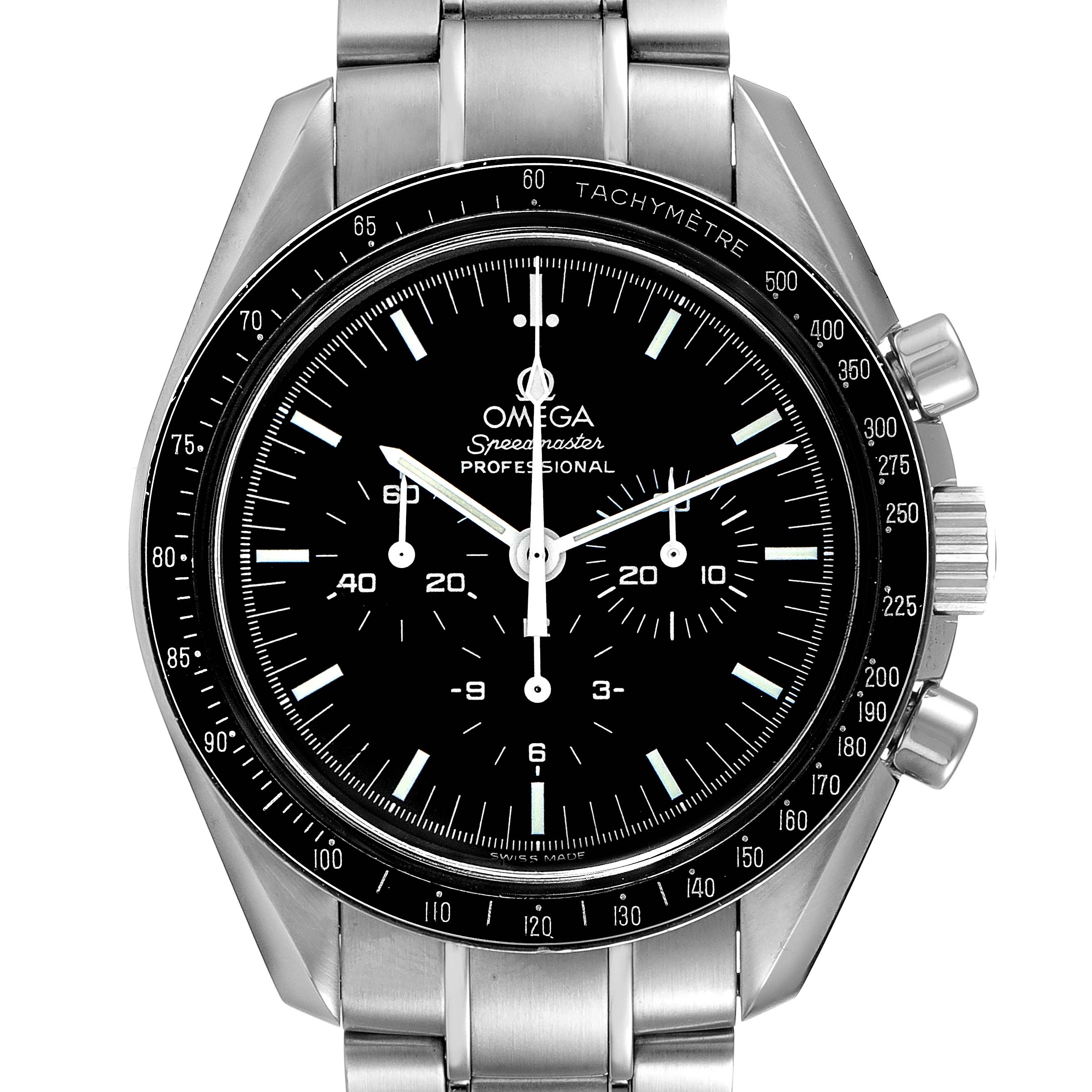 The image shows a front view of the Omega Speedmaster 3570.50.00 Men
s Stainless Steel Black Dial 3570.50.00 Men
s Stainless Steel Black Dial watch, highlighting the dial, tachymeter scale, and chronograph buttons.