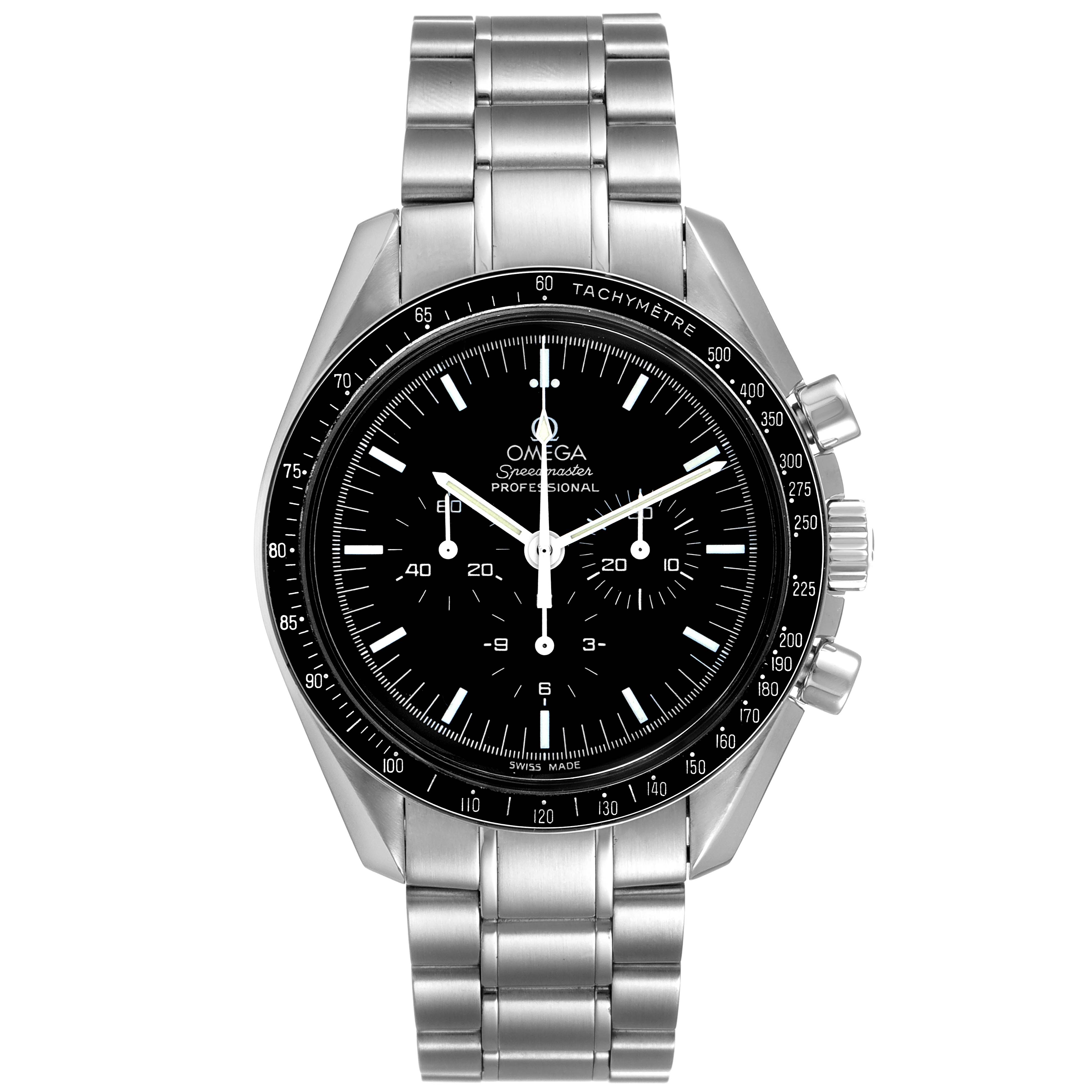 The Omega Speedmaster 3570.50.00 Men
s Stainless Steel Black Dial 3570.50.00 Men
s Stainless Steel Black Dial watch is shown from a front view, highlighting its dial, bezel, and bracelet.