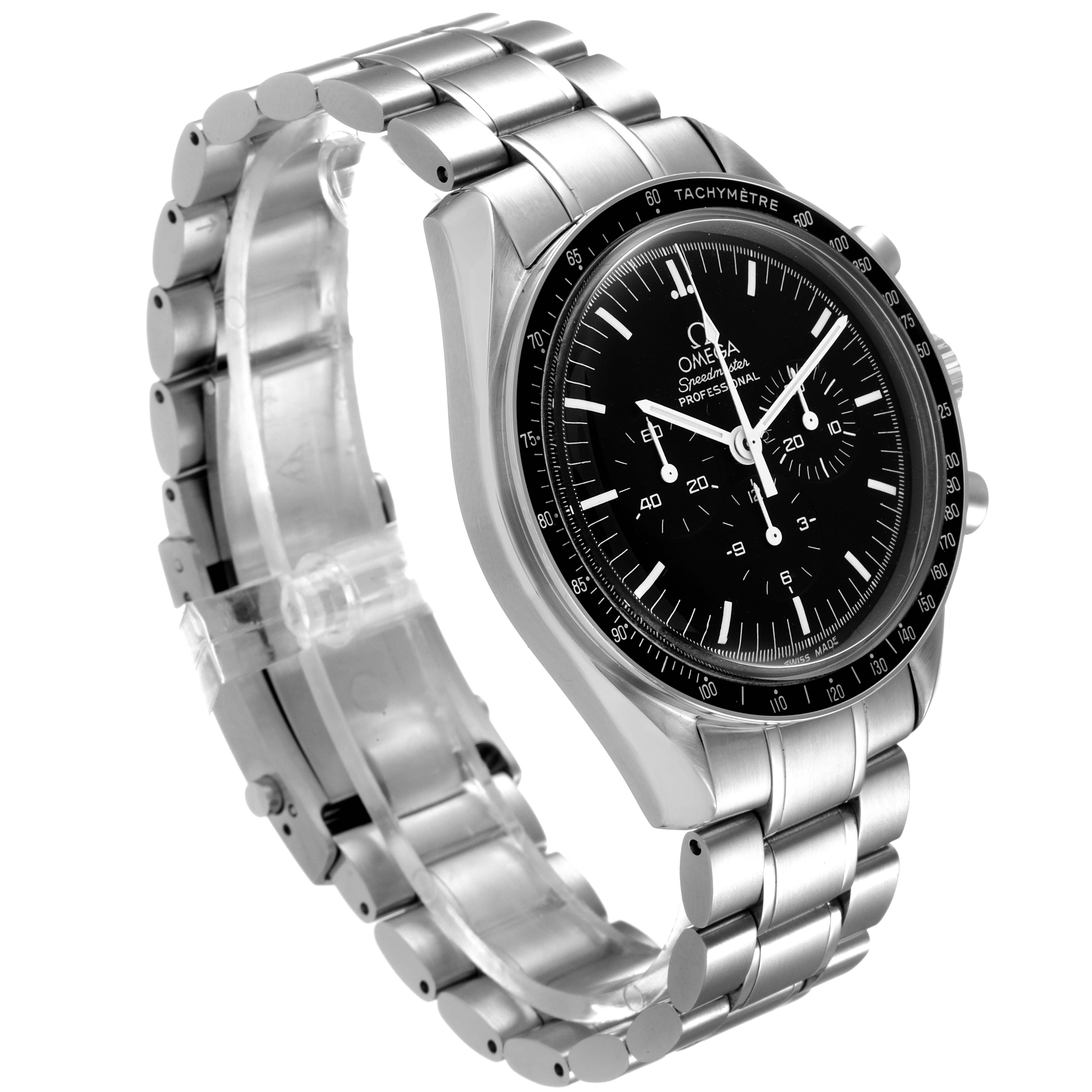 The Omega Speedmaster 3570.50.00 Men
s Stainless Steel Black Dial 3570.50.00 Men
s Stainless Steel Black Dial watch is shown at a three-quarter angle highlighting its face, chronograph dials, and stainless steel bracelet.