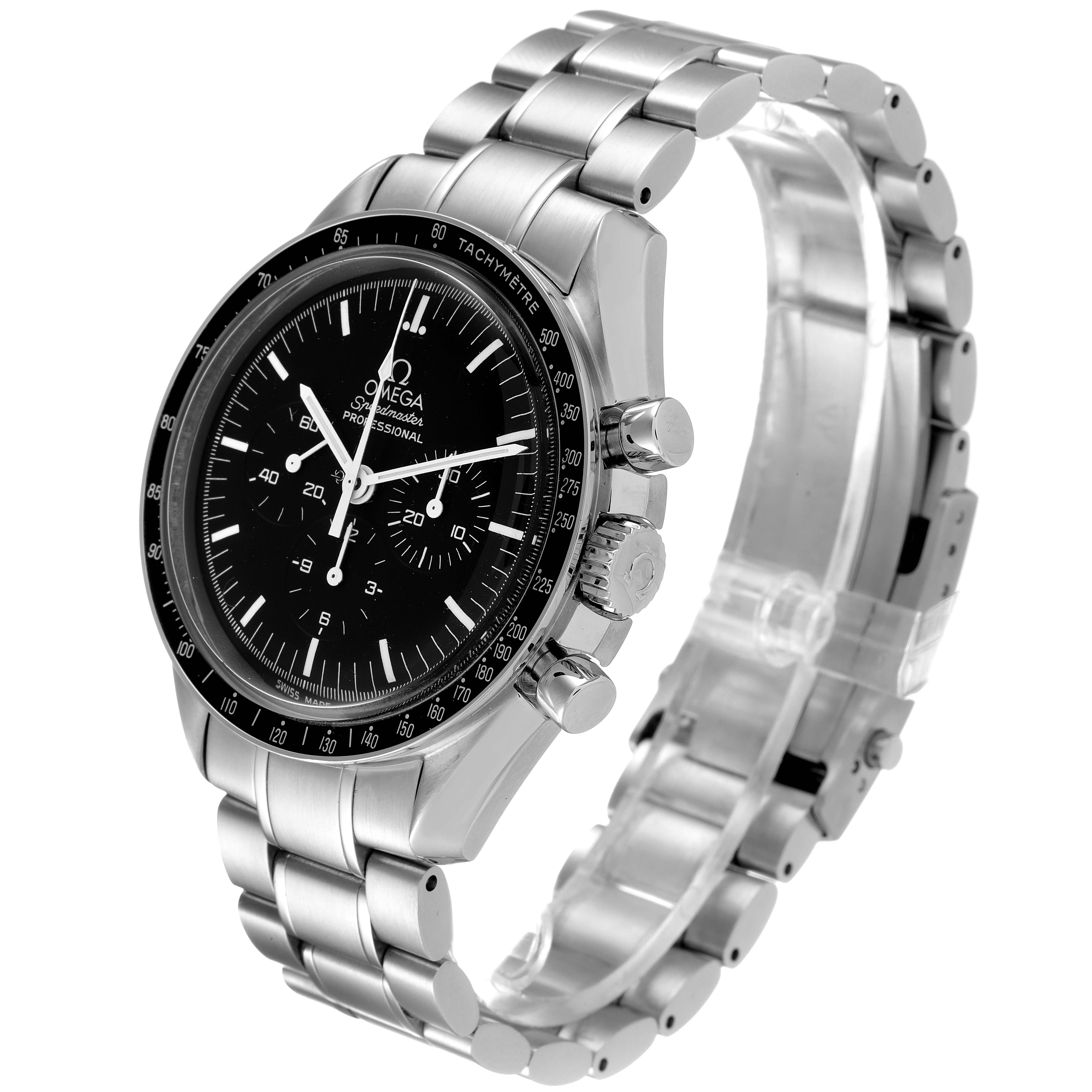 The Omega Speedmaster 3570.50.00 Men
s Stainless Steel Black Dial 3570.50.00 Men
s Stainless Steel Black Dial watch is shown at an angle displaying the face, bezel, and stainless steel bracelet.