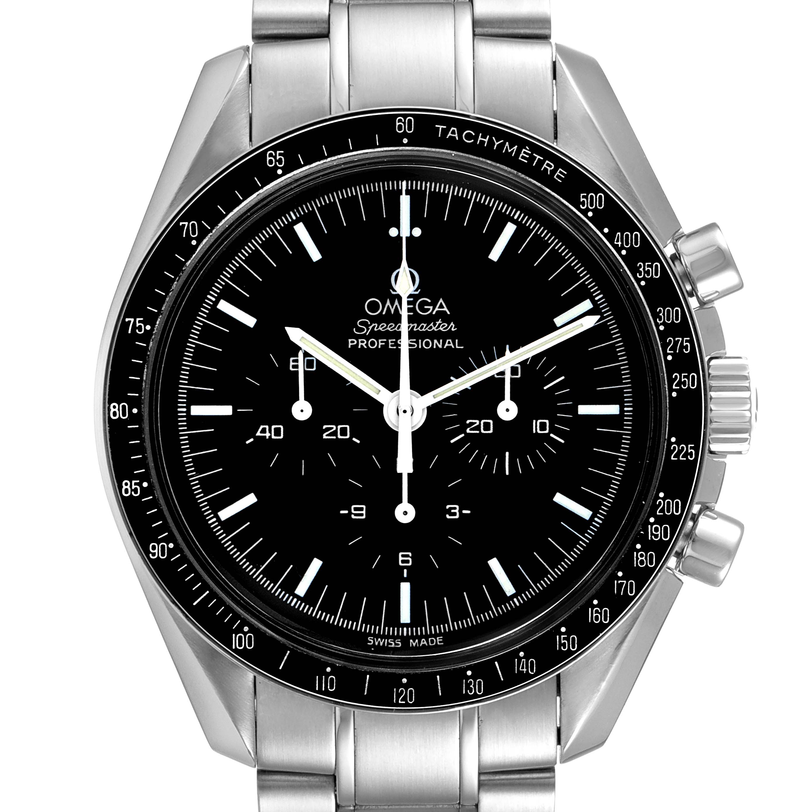 This image shows a frontal view of the Omega Speedmaster 3570.50.00 Men
s Stainless Steel Black Dial 3570.50.00 Men
s Stainless Steel Black Dial watch, featuring its dial, bezel, and metal bracelet.