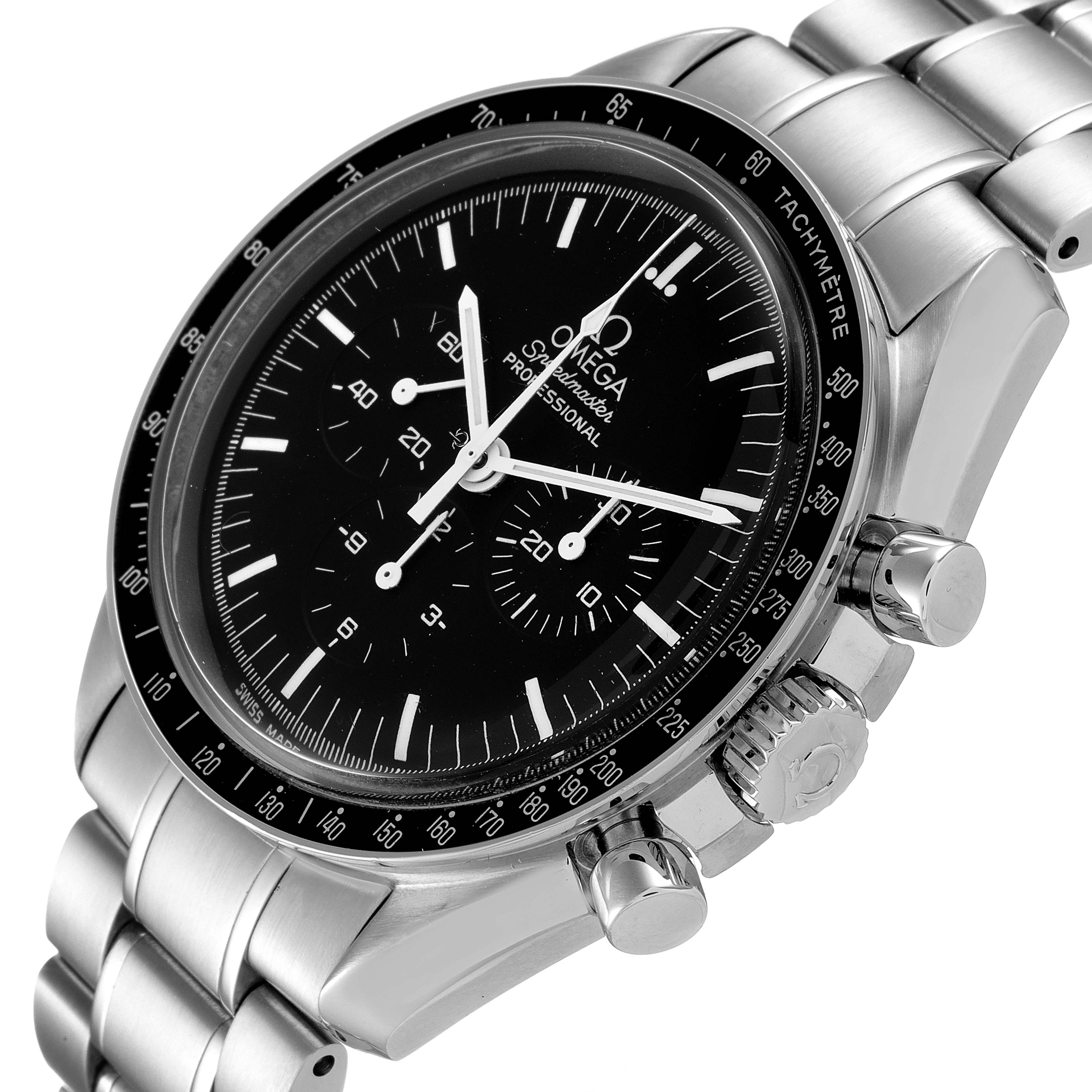 The image shows an Omega Speedmaster 3570.50.00 Men
s Stainless Steel Black Dial 3570.50.00 Men
s Stainless Steel Black Dial watch at a close-up angle, highlighting the dial, bezel, crown, and part of the bracelet.