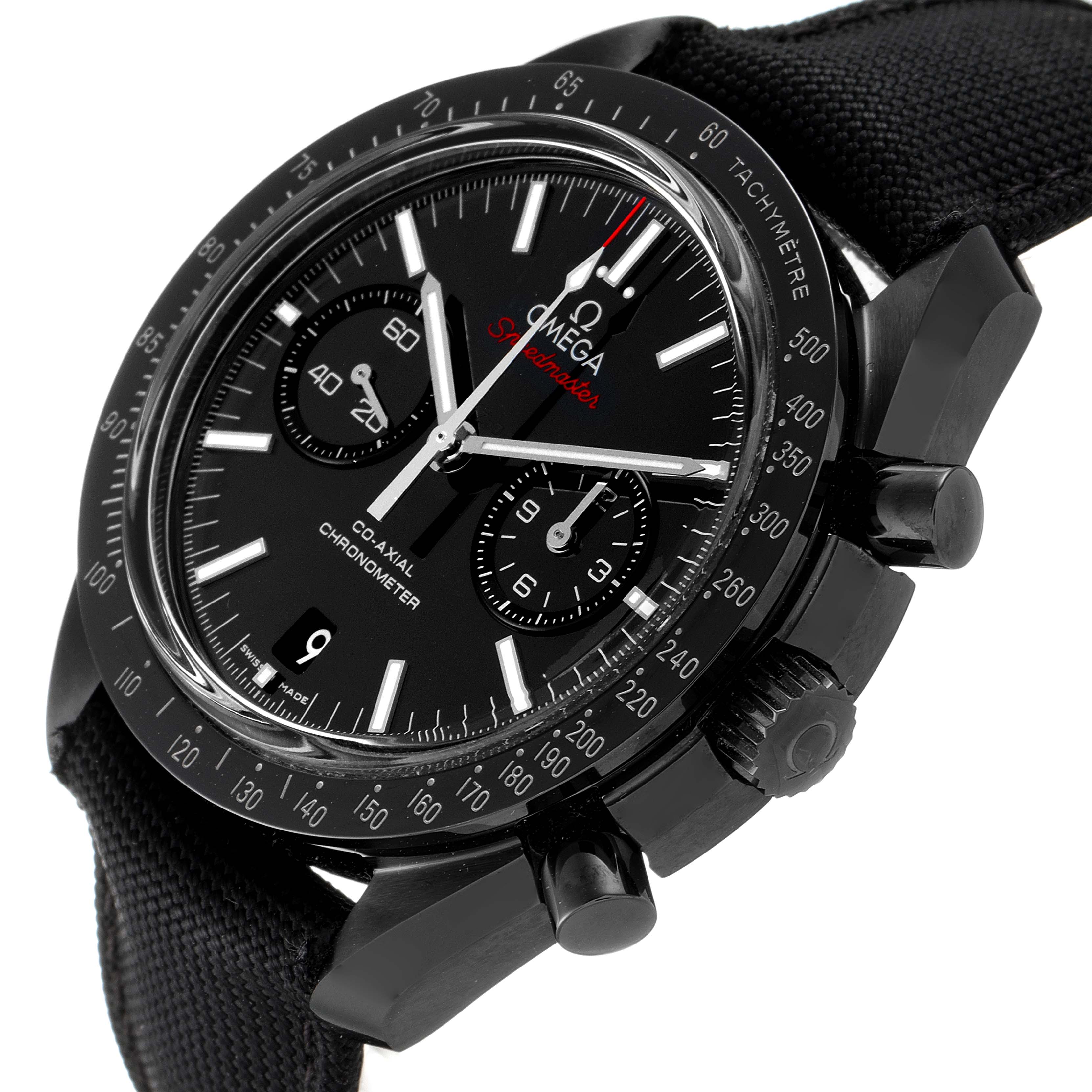 This image shows a close-up of the Omega Speedmaster 311.92.44.51.01.003 Men's Ceramic Black Dial 311.92.44.51.01.003 Men's Ceramic Black Dial watch face, bezel, and side pushers, taken at an oblique angle.
