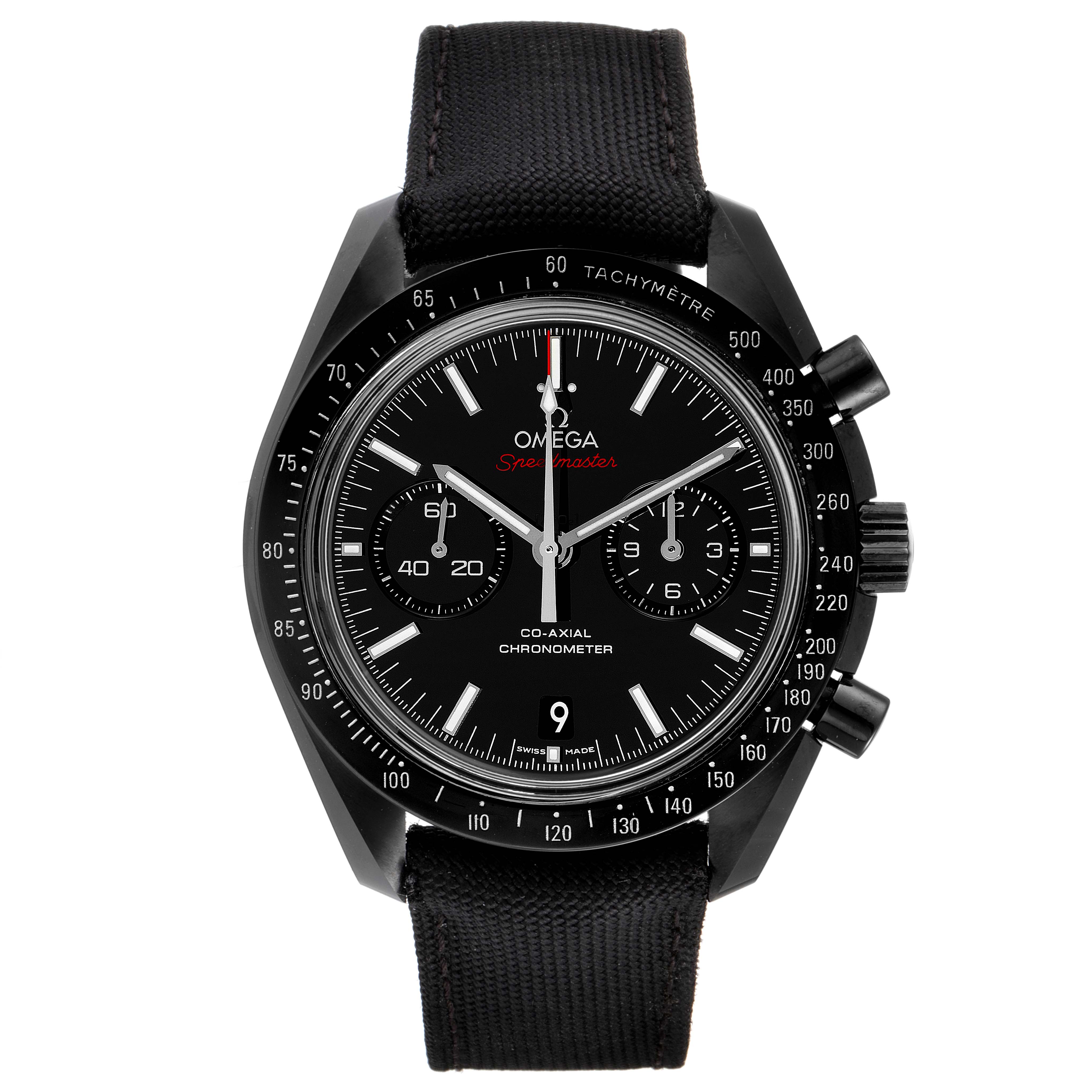 This image shows a front view of an Omega Speedmaster 311.92.44.51.01.003 Men's Ceramic Black Dial 311.92.44.51.01.003 Men's Ceramic Black Dial watch, featuring its dial, bezel, subdials, and strap.