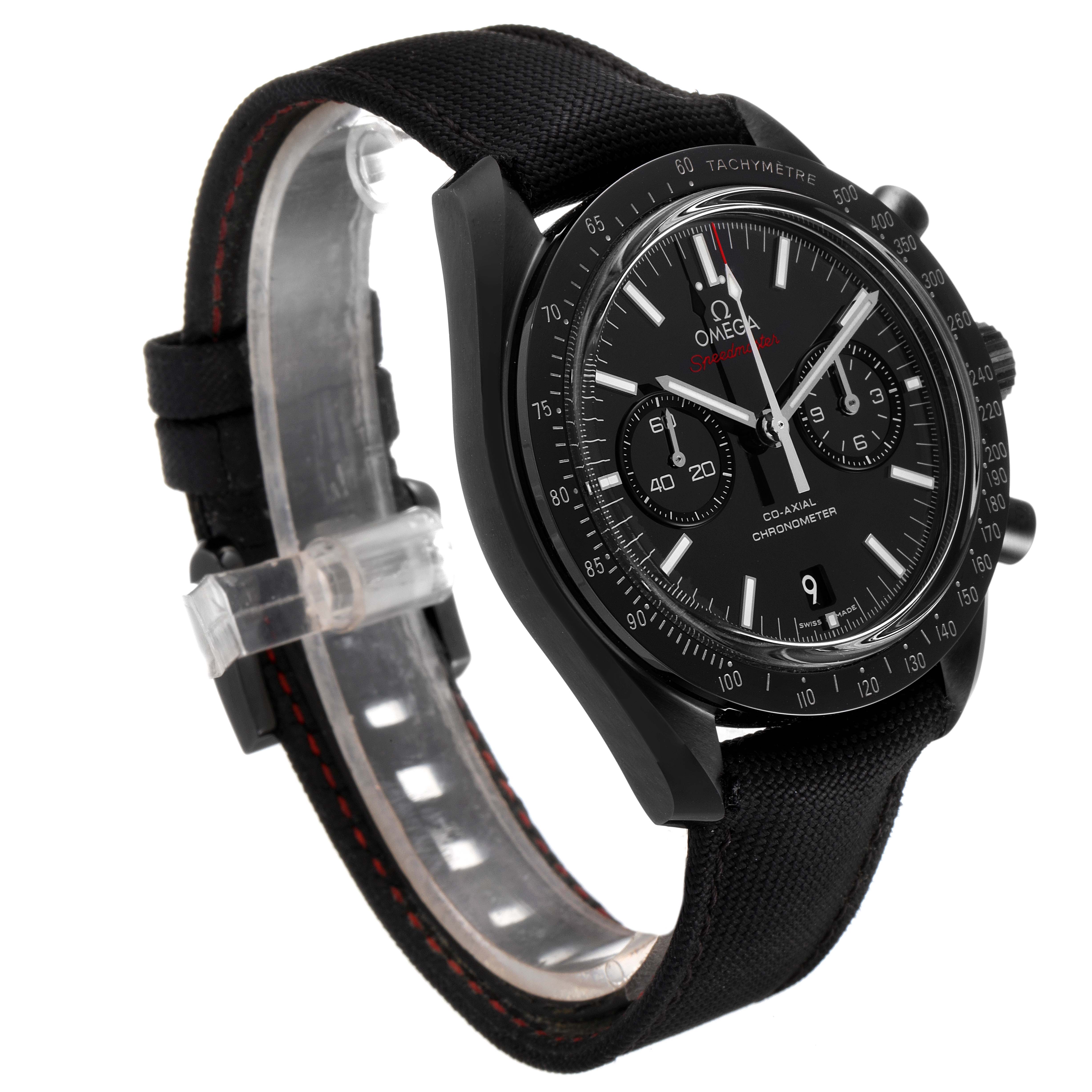 The image shows an angled view of the face, case, and strap of an Omega Speedmaster 311.92.44.51.01.003 Men's Ceramic Black Dial 311.92.44.51.01.003 Men's Ceramic Black Dial watch.