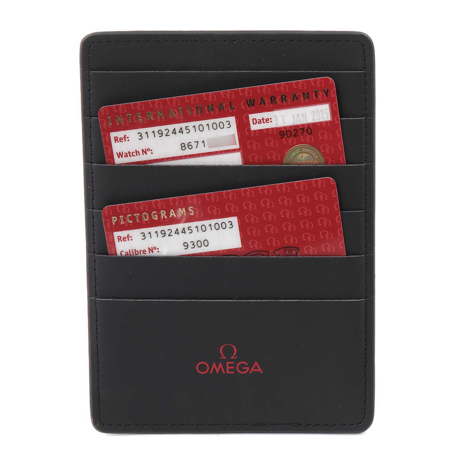 The image shows warranty and pictogram cards in a black cardholder branded with the Omega logo for the Omega Speedmaster 311.92.44.51.01.003 Men's Ceramic Black Dial 311.92.44.51.01.003 Men's Ceramic Black Dial model.