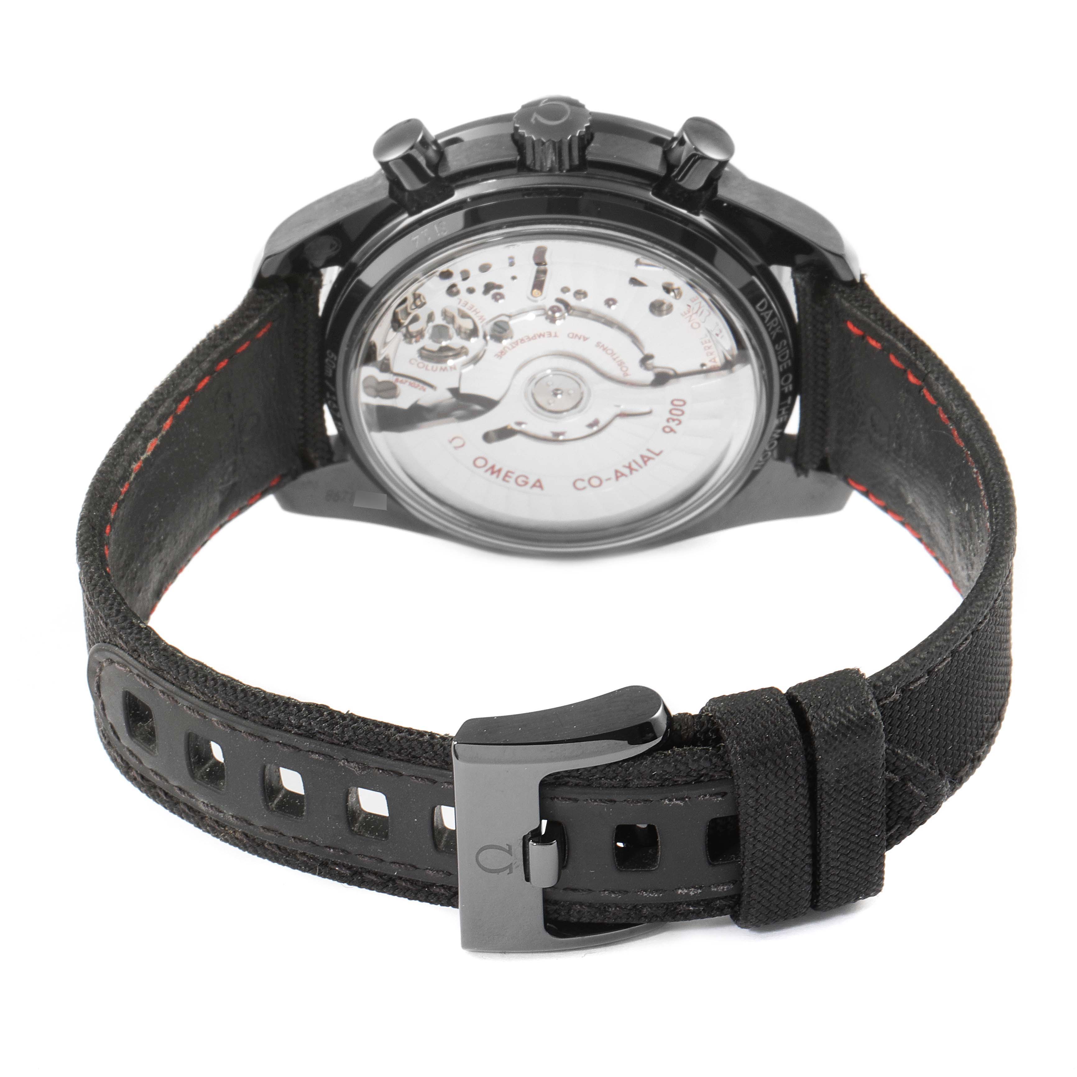 The image shows the back view of an Omega Speedmaster 311.92.44.51.01.003 Men's Ceramic Black Dial 311.92.44.51.01.003 Men's Ceramic Black Dial watch, highlighting its transparent case back and strap with buckle.