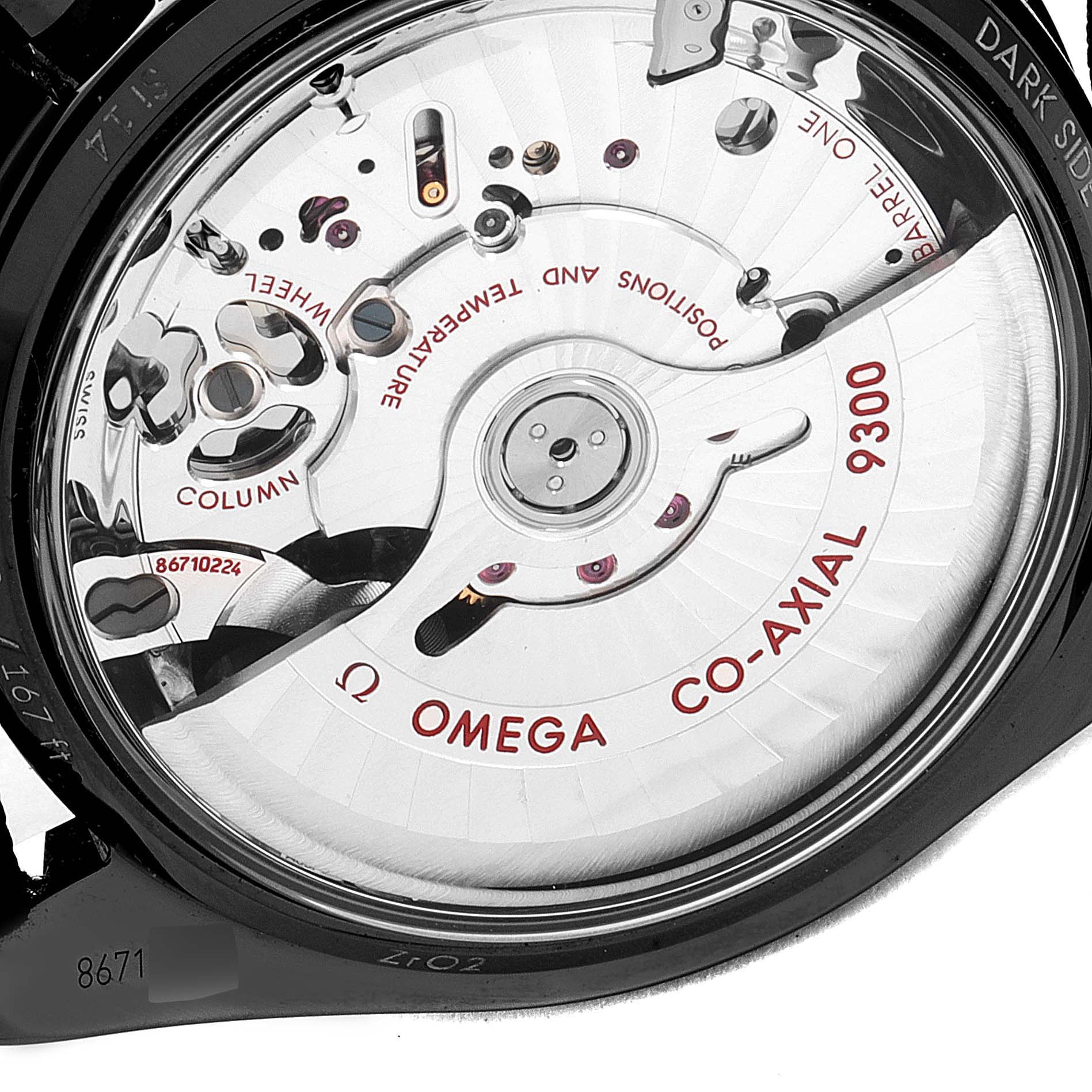 The image shows the back view of the Omega Speedmaster 311.92.44.51.01.003 Men's Ceramic Black Dial 311.92.44.51.01.003 Men's Ceramic Black Dial watch, highlighting its 9300 Co-Axial movement.