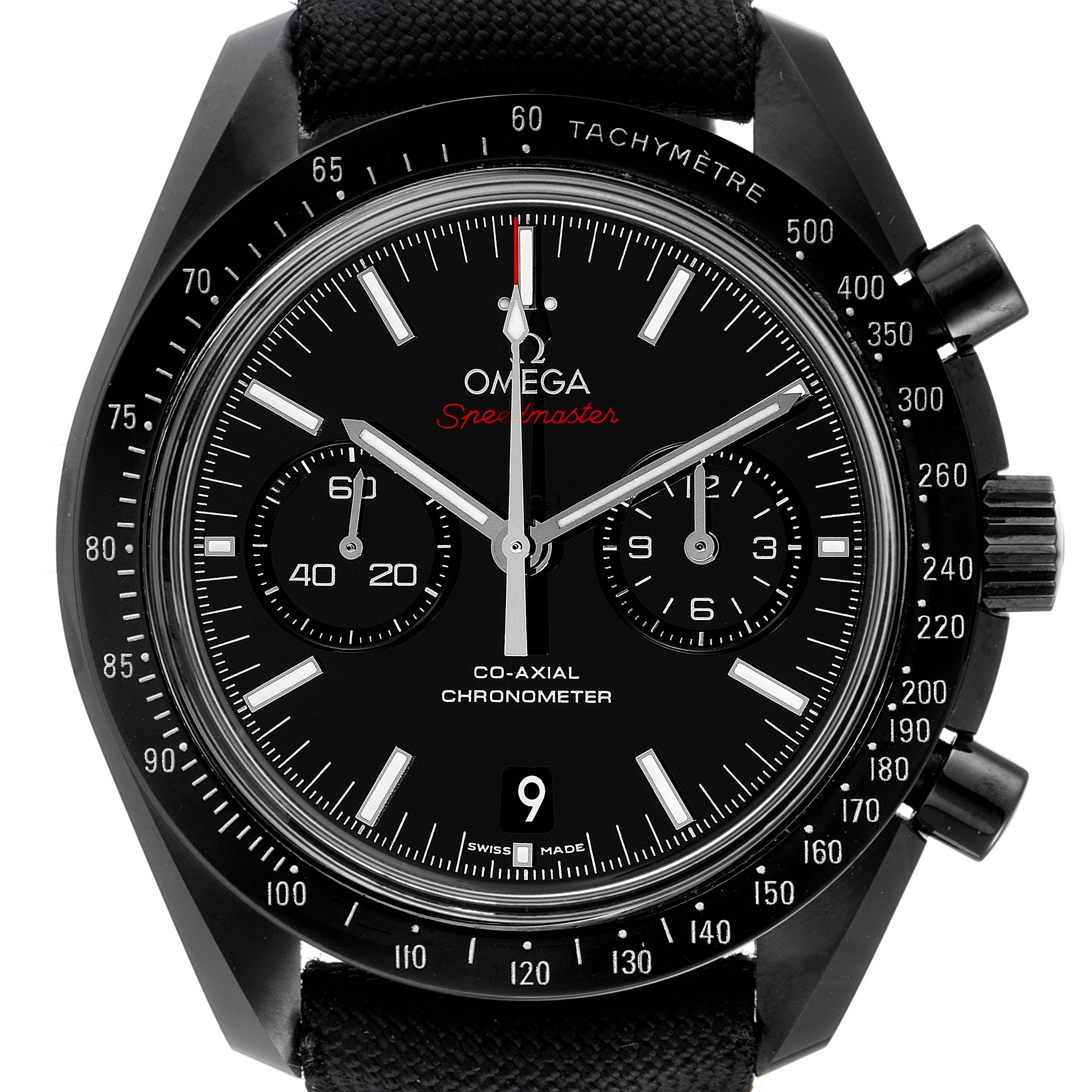 The image shows a front view of an Omega Speedmaster 311.92.44.51.01.003 Men's Ceramic Black Dial 311.92.44.51.01.003 Men's Ceramic Black Dial watch highlighting the dial, chronograph subdials, and tachymeter bezel.