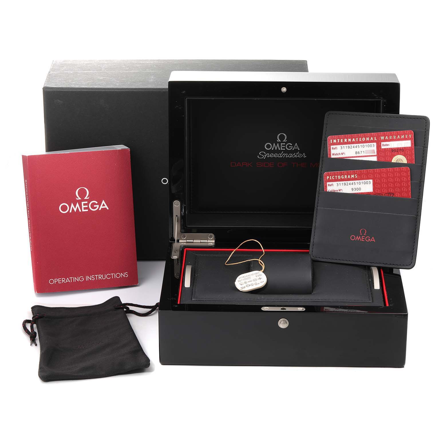 This image shows the packaging, warranty cards, operating instructions, and a pouch for the Omega Speedmaster 311.92.44.51.01.003 Men's Ceramic Black Dial 311.92.44.51.01.003 Men's Ceramic Black Dial watch.