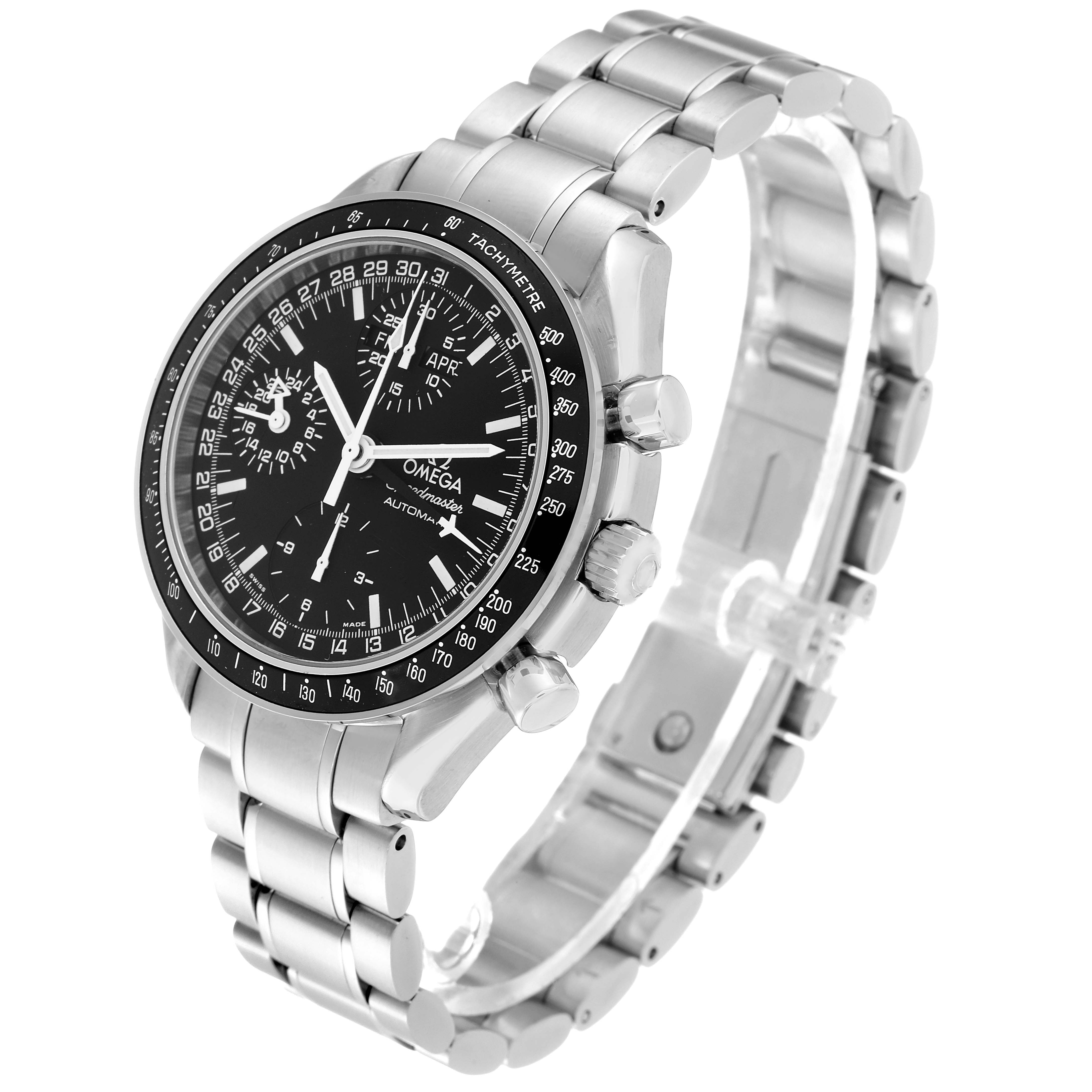 The image shows an angled view of an Omega Speedmaster 3520.50.00 Men's Stainless Steel Black Dial 3520.50.00 Men's Stainless Steel Black Dial watch, highlighting the face, bezel, crown, pushers, and bracelet.