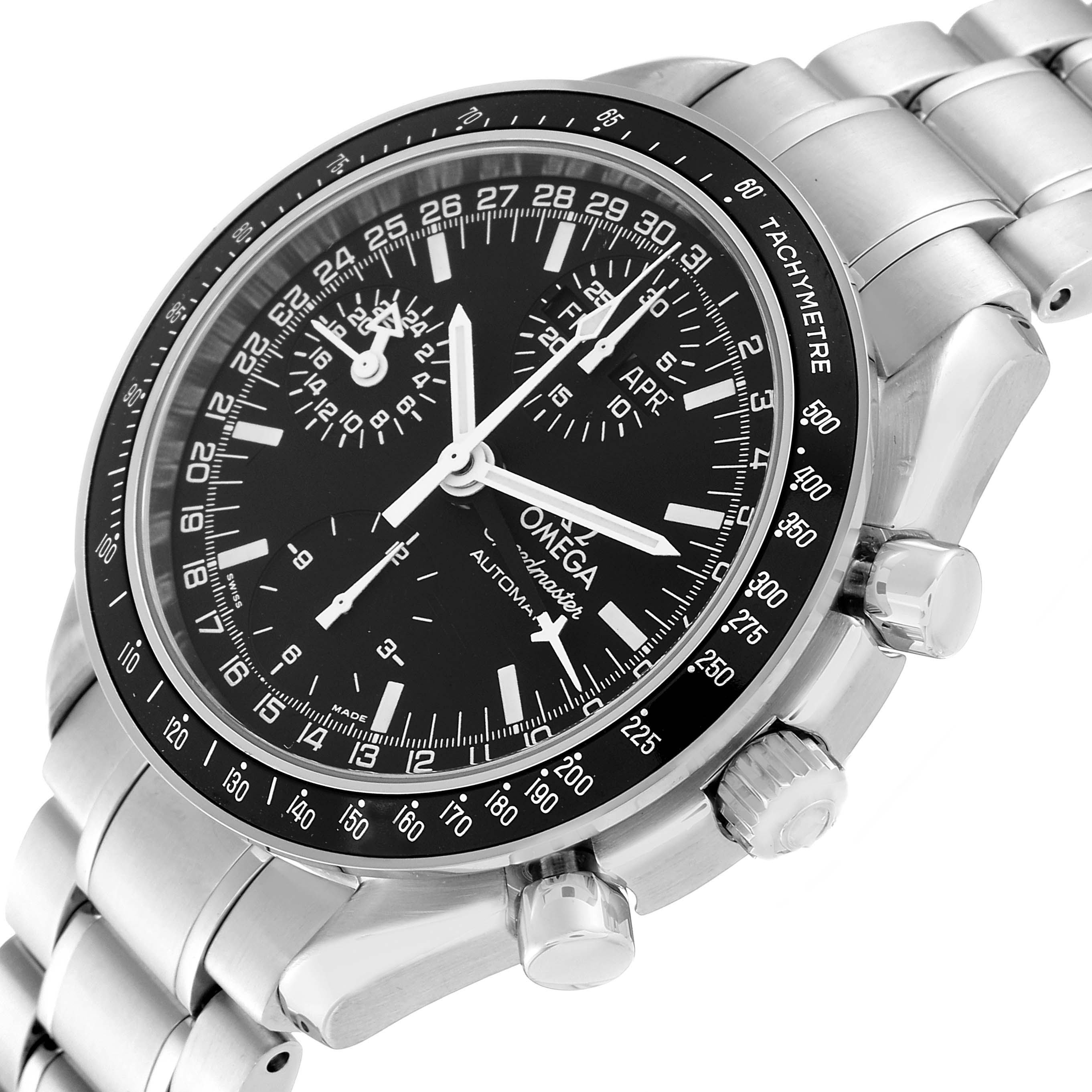 The image shows an Omega Speedmaster 3520.50.00 Men's Stainless Steel Black Dial 3520.50.00 Men's Stainless Steel Black Dial watch from an angled side view, highlighting its dial, bezel, crown, and bracelet.