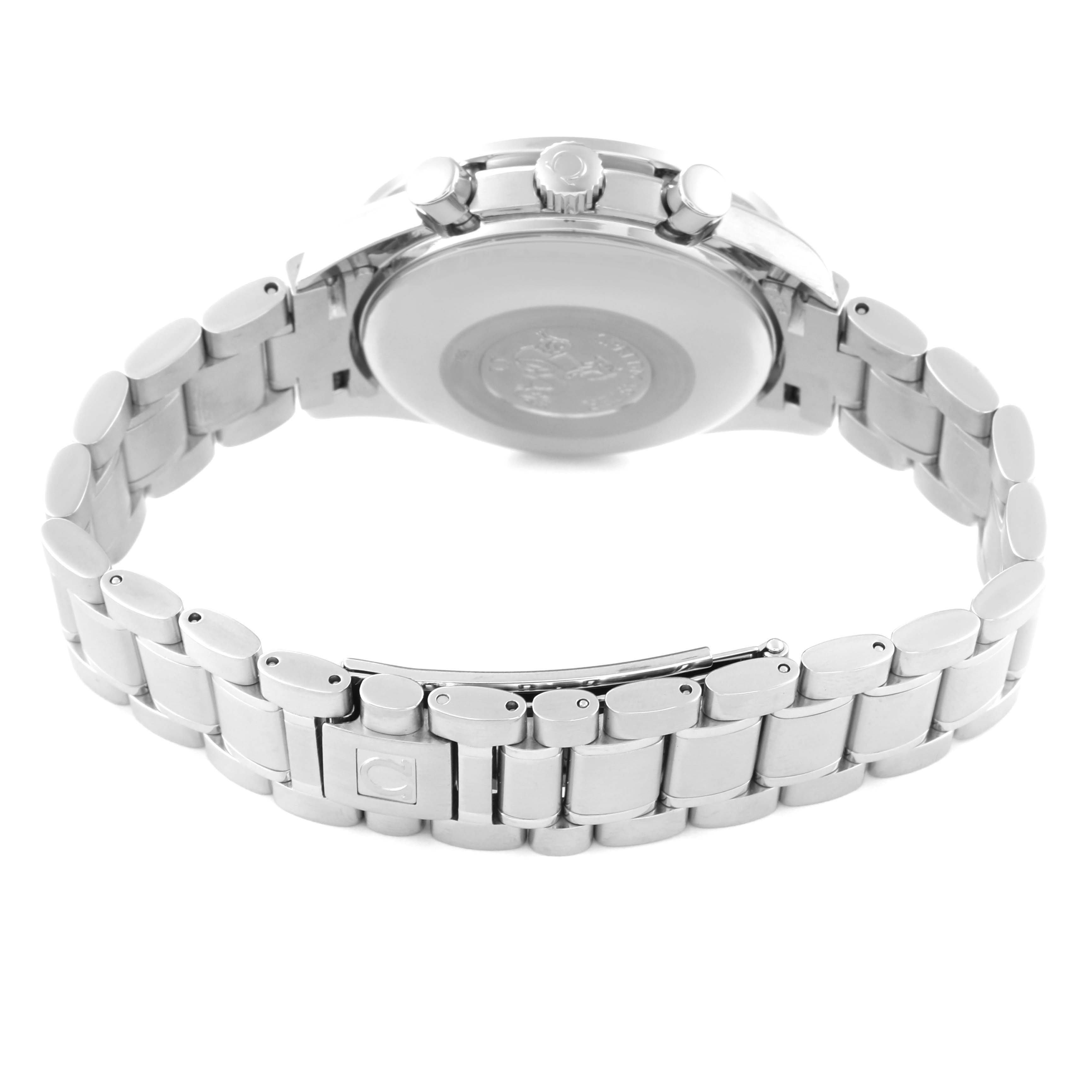 This image of the Omega Speedmaster 3520.50.00 Men's Stainless Steel Black Dial 3520.50.00 Men's Stainless Steel Black Dial watch shows the back case and the metal bracelet from a rear angle.