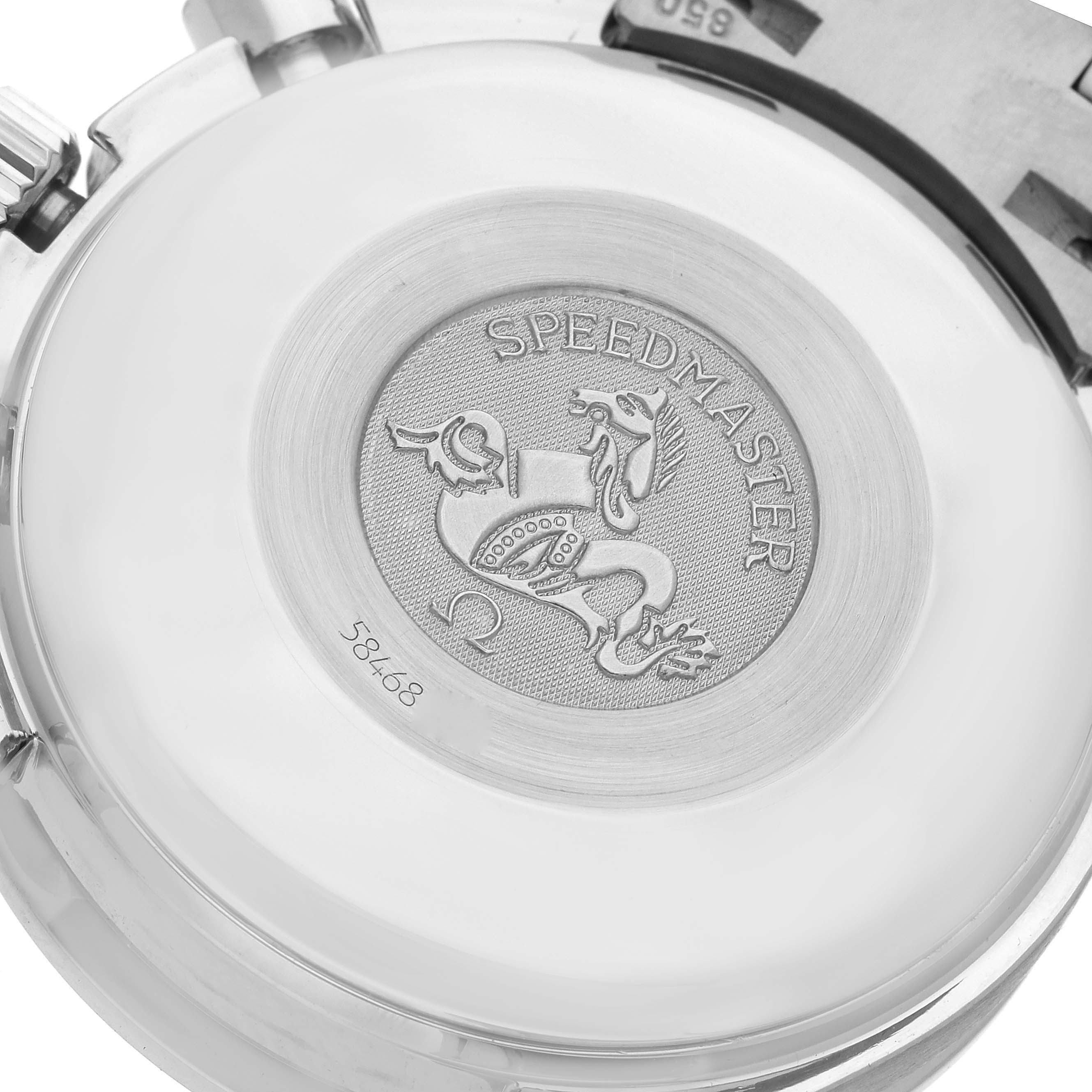 The image shows the back case of an Omega Speedmaster 3520.50.00 Men's Stainless Steel Black Dial 3520.50.00 Men's Stainless Steel Black Dial watch, featuring the engraved emblem and model name.