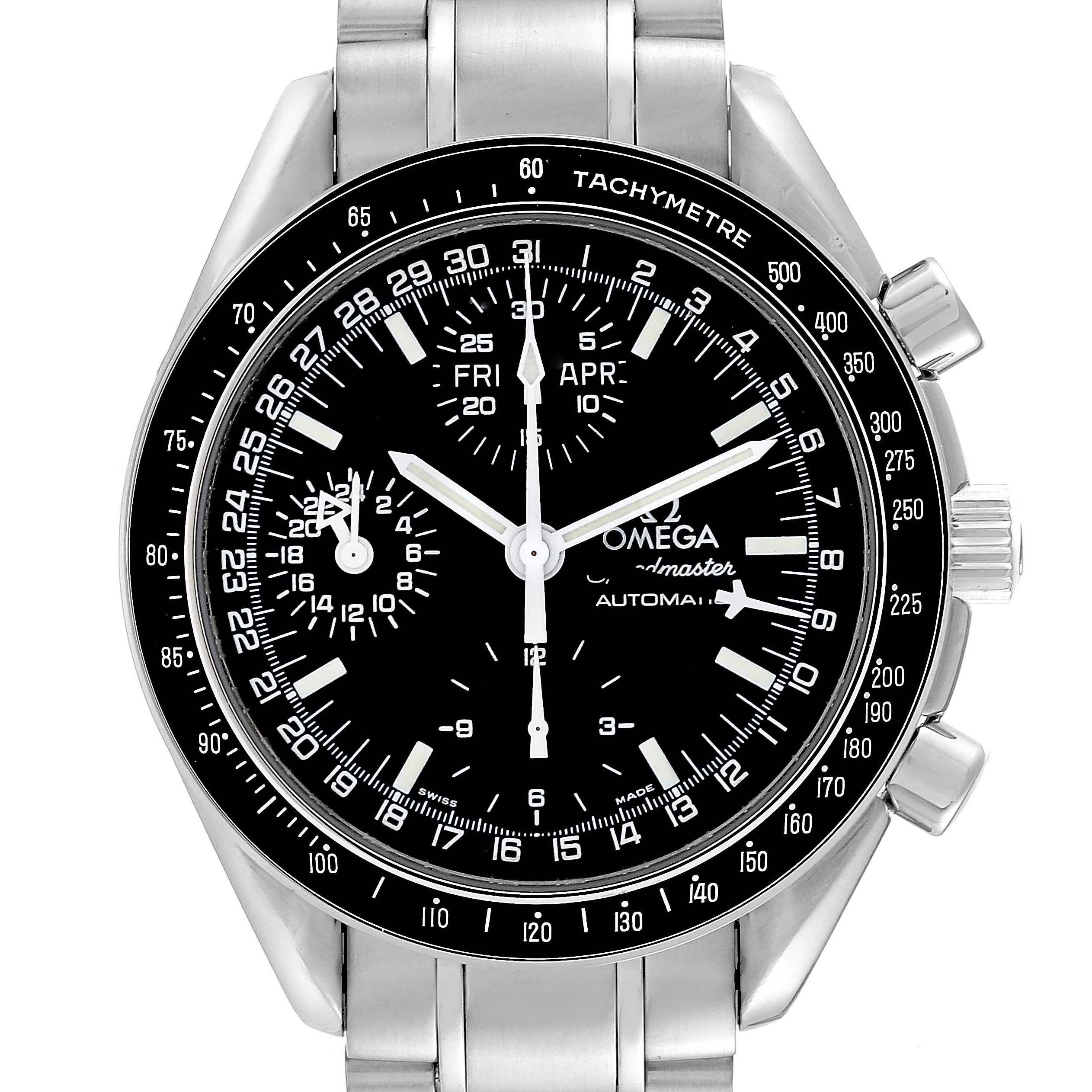 This is a front view of the Omega Speedmaster 3520.50.00 Men's Stainless Steel Black Dial 3520.50.00 Men's Stainless Steel Black Dial watch, showing the dial, bezel, crown, and chronograph pushers.