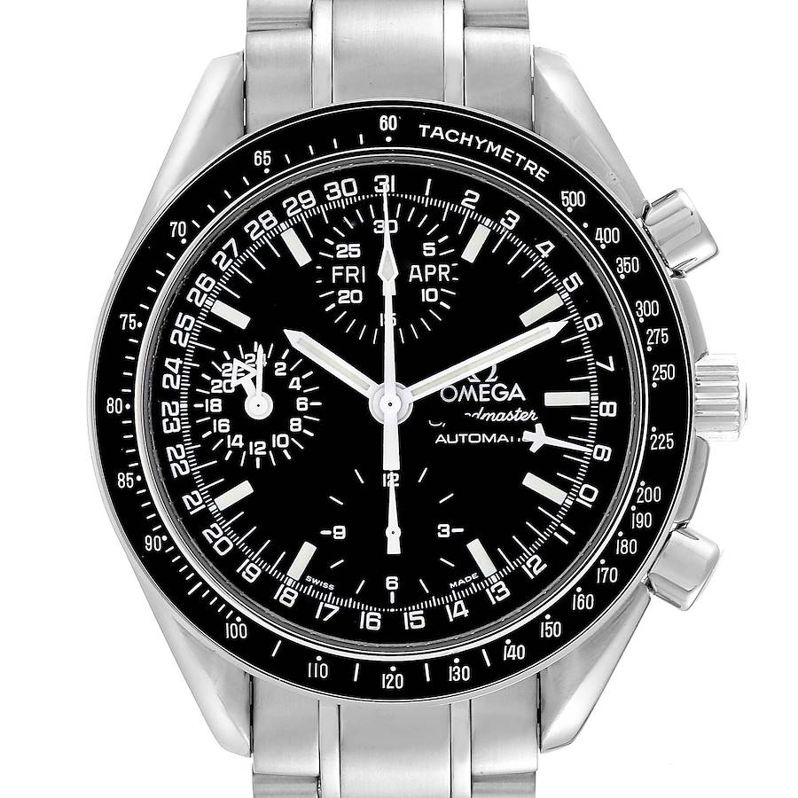 This is a front view of the Omega Speedmaster watch, showing the dial, bezel, crown, and chronograph pushers.