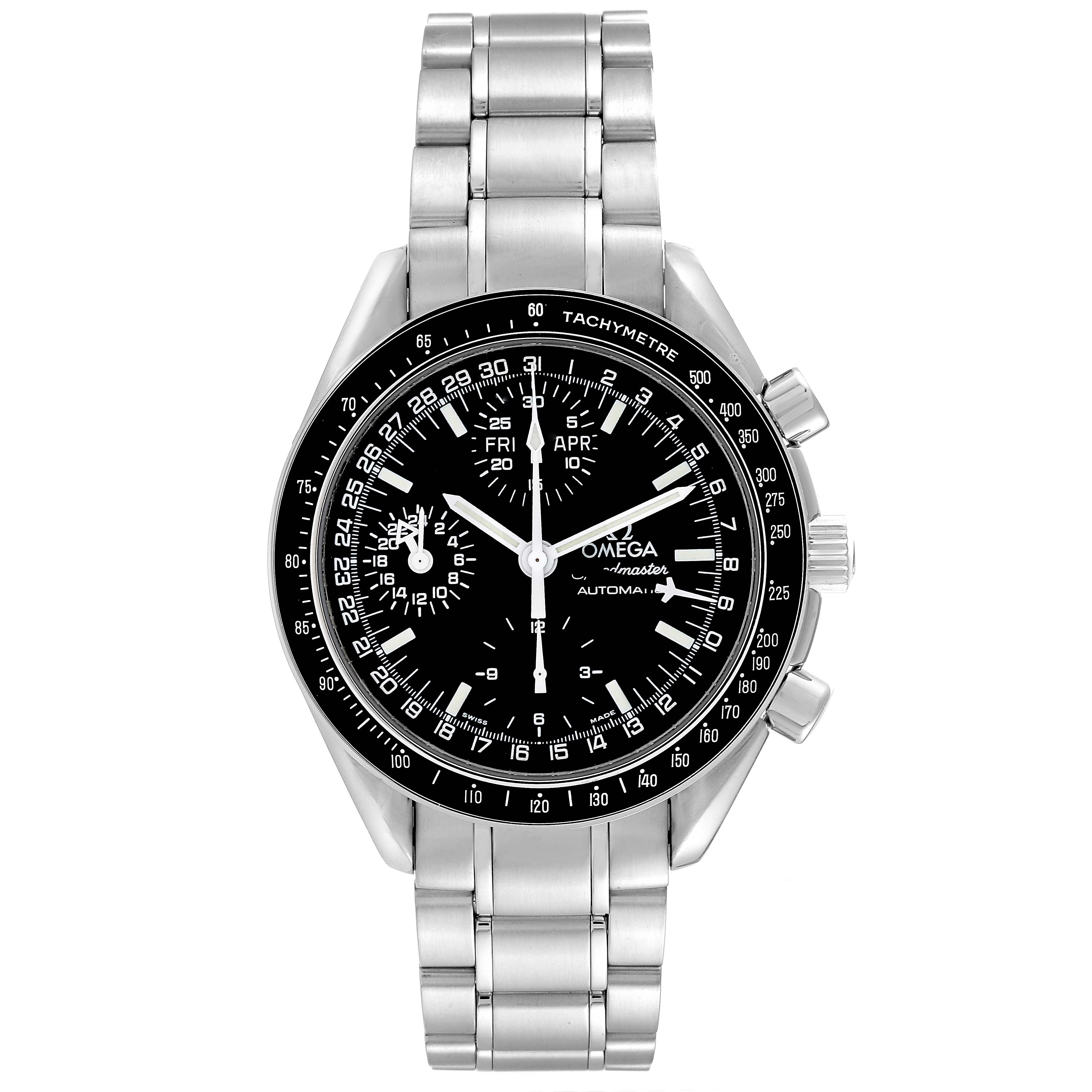 The Omega Speedmaster 3520.50.00 Men's Stainless Steel Black Dial 3520.50.00 Men's Stainless Steel Black Dial watch is shown from a front angle, displaying its dial, tachymeter bezel, and stainless steel bracelet.
