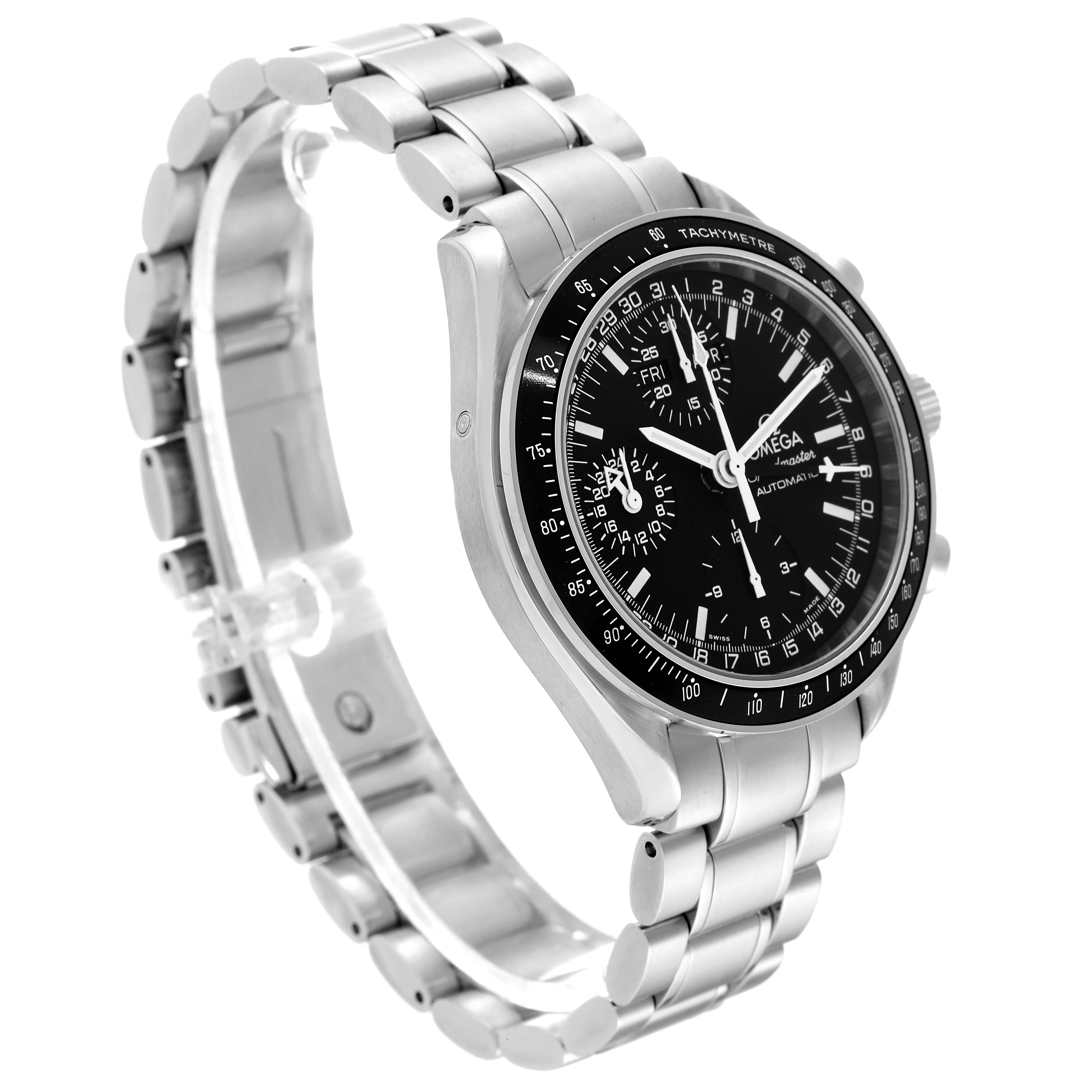 The image shows an Omega Speedmaster 3520.50.00 Men's Stainless Steel Black Dial 3520.50.00 Men's Stainless Steel Black Dial watch from an angled side view, highlighting its metal strap and detailed black dial.