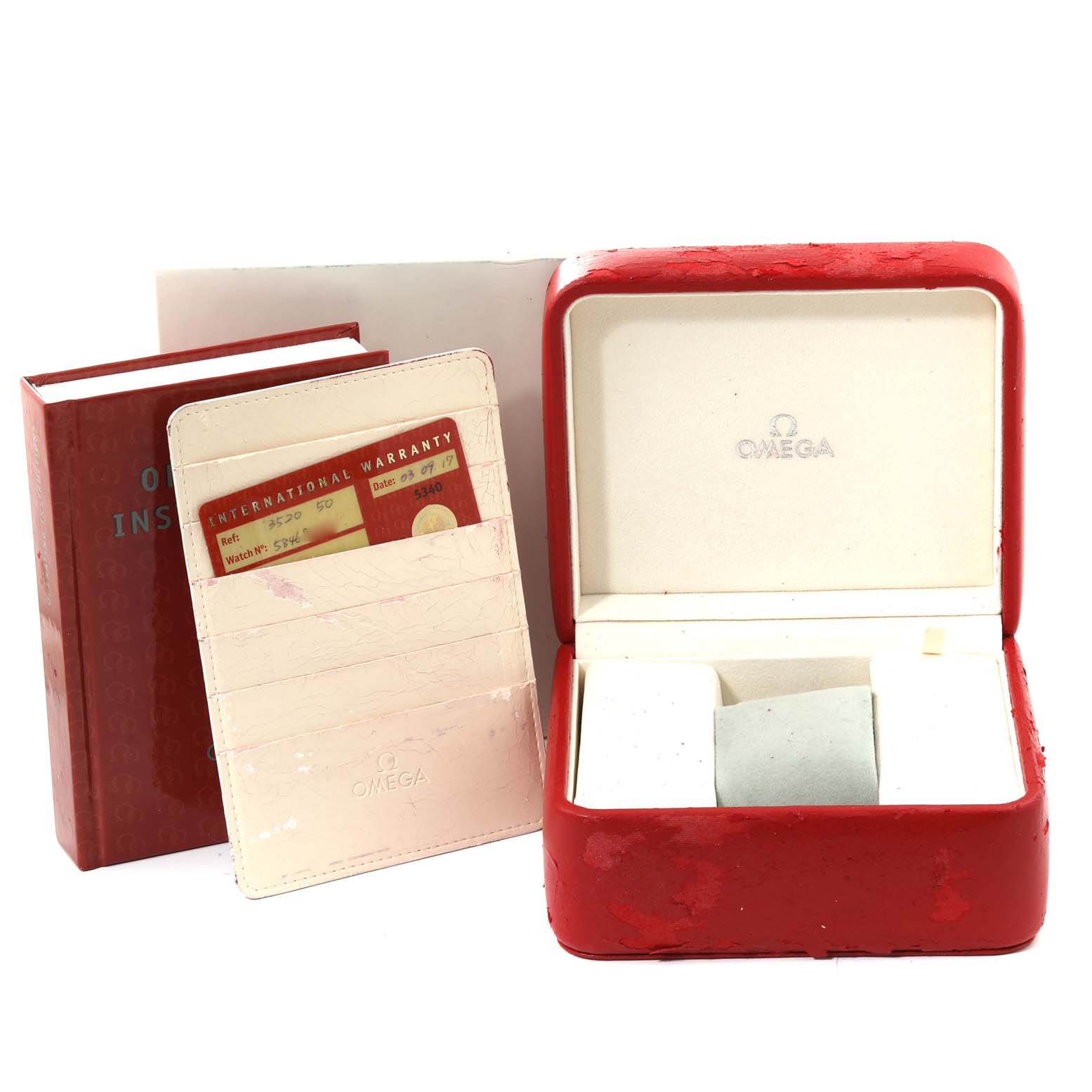 The image shows an Omega Speedmaster 3520.50.00 Men's Stainless Steel Black Dial 3520.50.00 Men's Stainless Steel Black Dial watch box, international warranty cards, and an instruction manual.