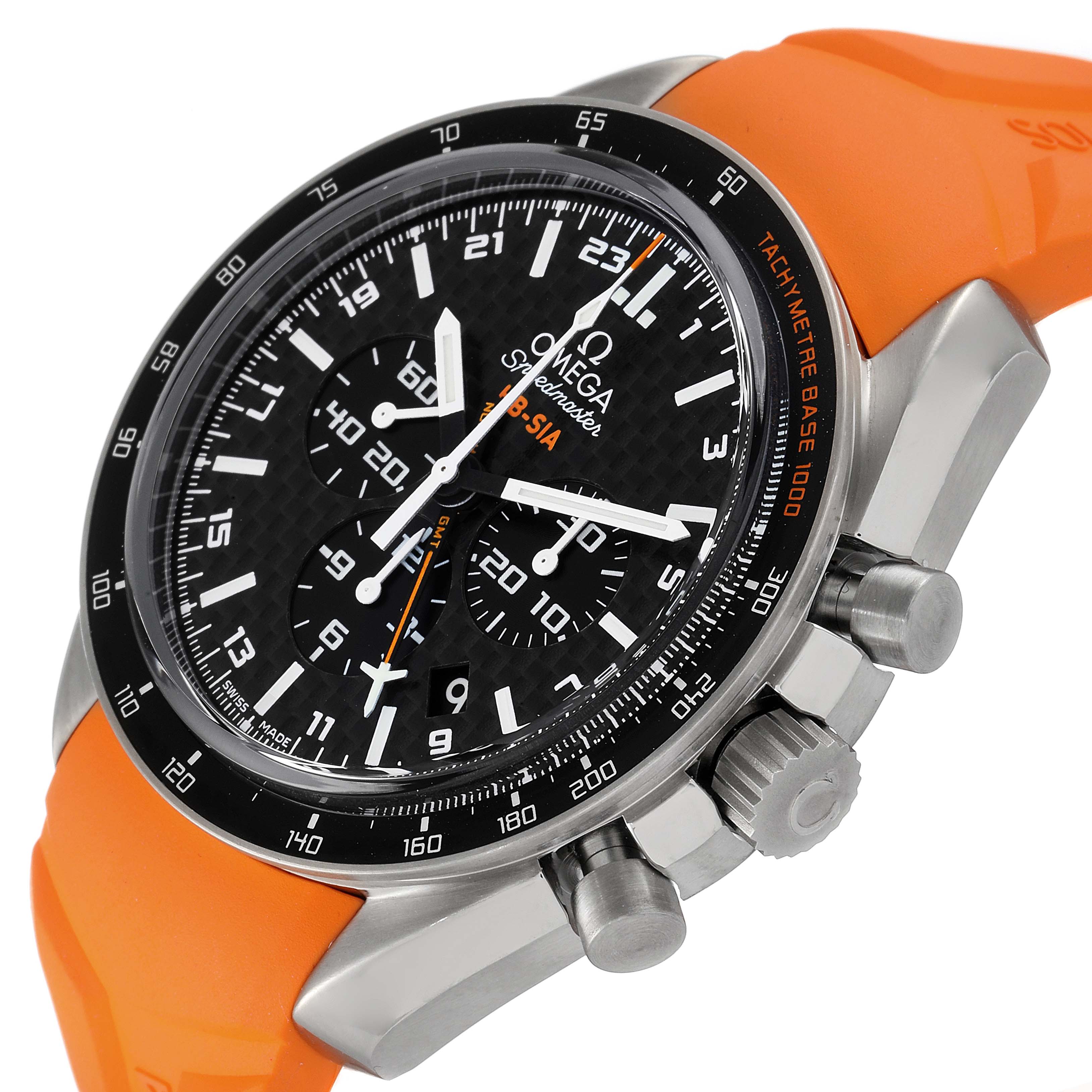 The Omega Speedmaster 321.92.44.52.01.003 Men's Titanium Black Dial 321.92.44.52.01.003 Men's Titanium Black Dial watch is shown at a slight angle, highlighting its black dial, chronograph subdials, and orange strap.