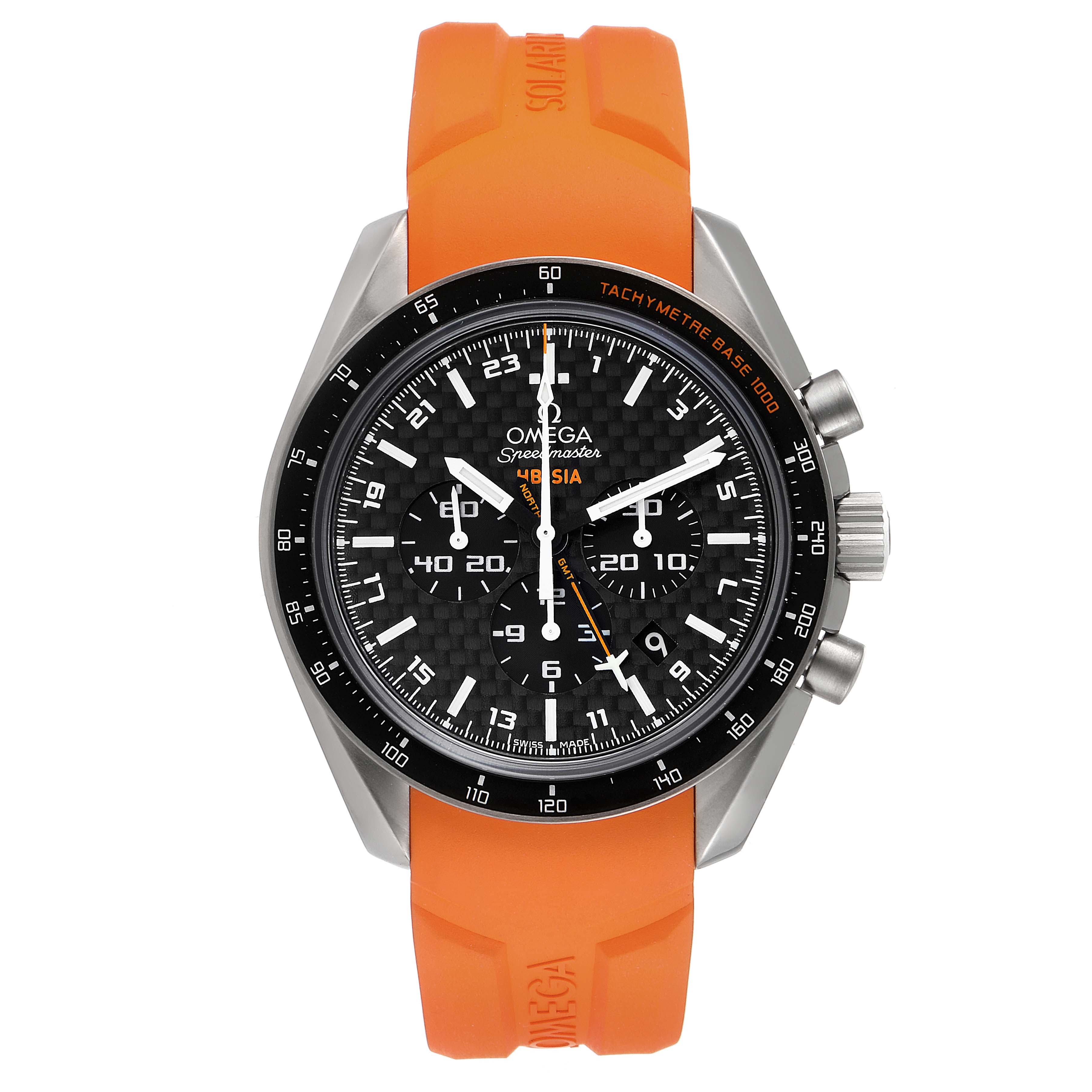 The image shows a front view of an Omega Speedmaster 321.92.44.52.01.003 Men's Titanium Black Dial 321.92.44.52.01.003 Men's Titanium Black Dial watch with an orange strap and a black dial with subdials.