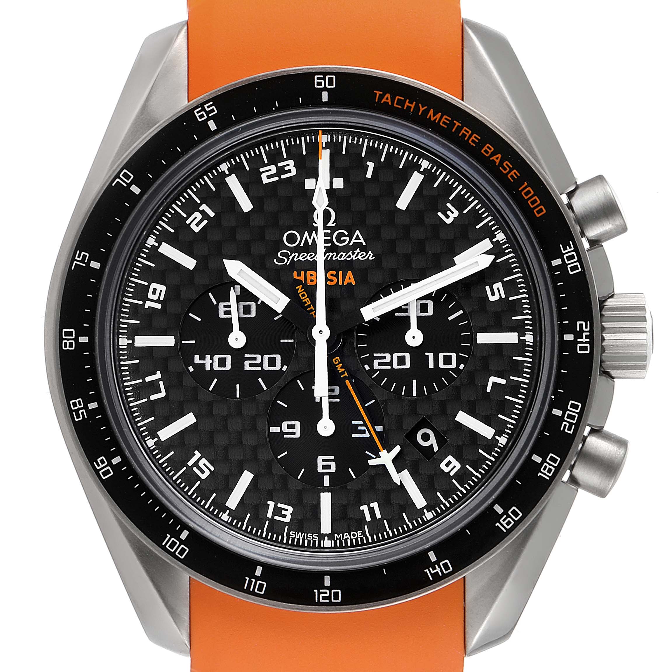 The image shows an Omega Speedmaster 321.92.44.52.01.003 Men's Titanium Black Dial 321.92.44.52.01.003 Men's Titanium Black Dial watch, focused on the dial and bezel, with an orange strap partially visible.