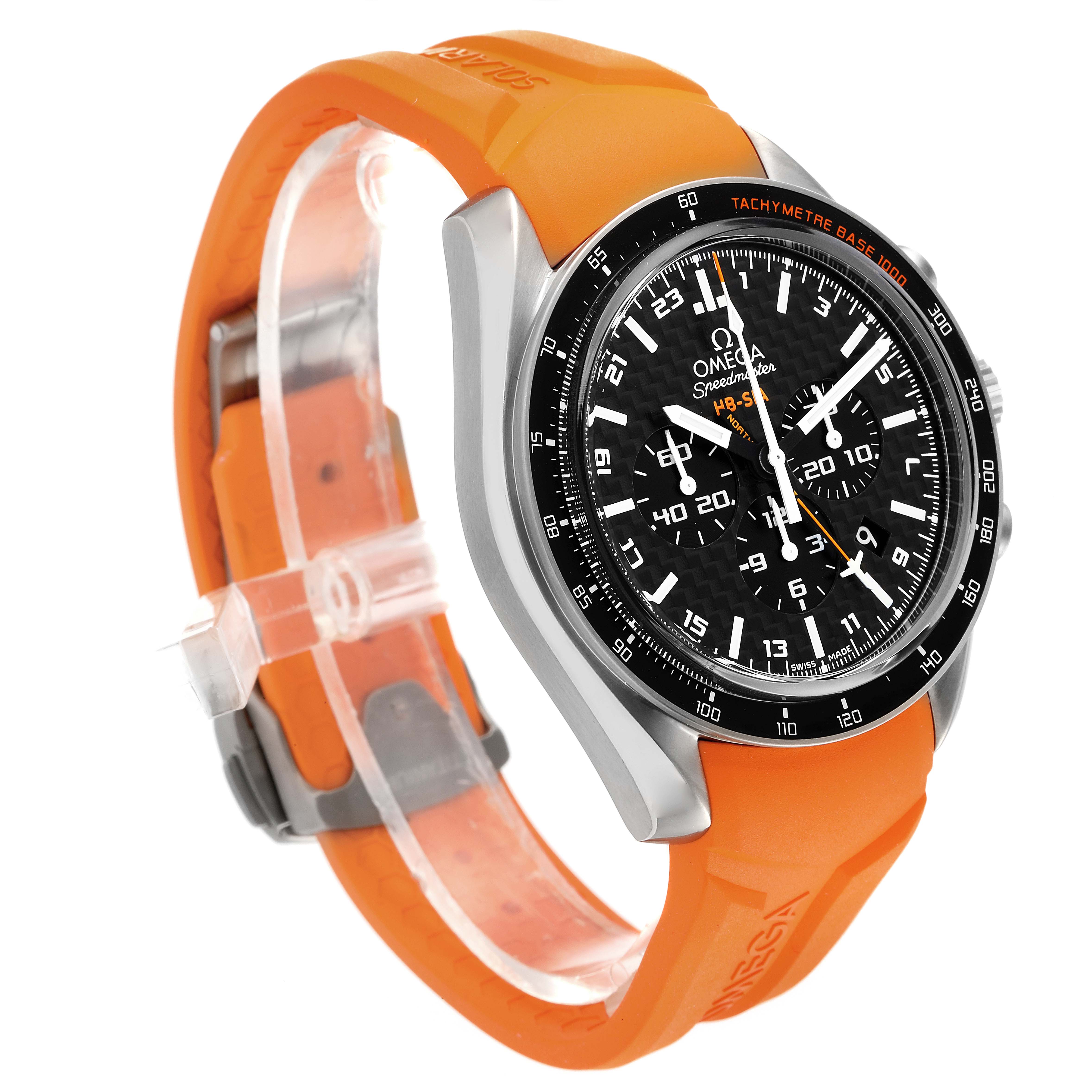 The image shows a side angle of an Omega Speedmaster 321.92.44.52.01.003 Men's Titanium Black Dial 321.92.44.52.01.003 Men's Titanium Black Dial watch with an orange strap and a black dial.