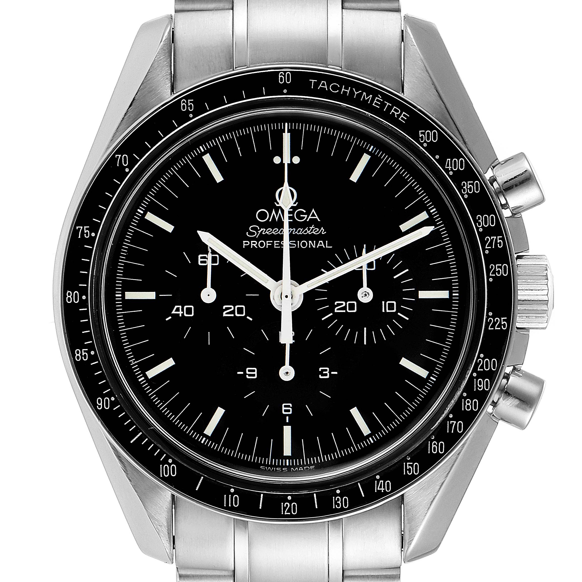 The image shows a front view of the Omega Speedmaster 3572.50.00 Men
s Stainless Steel Black Dial 3572.50.00 Men
s Stainless Steel Black Dial watch, displaying its black dial, tachymeter bezel, and stainless steel bracelet.