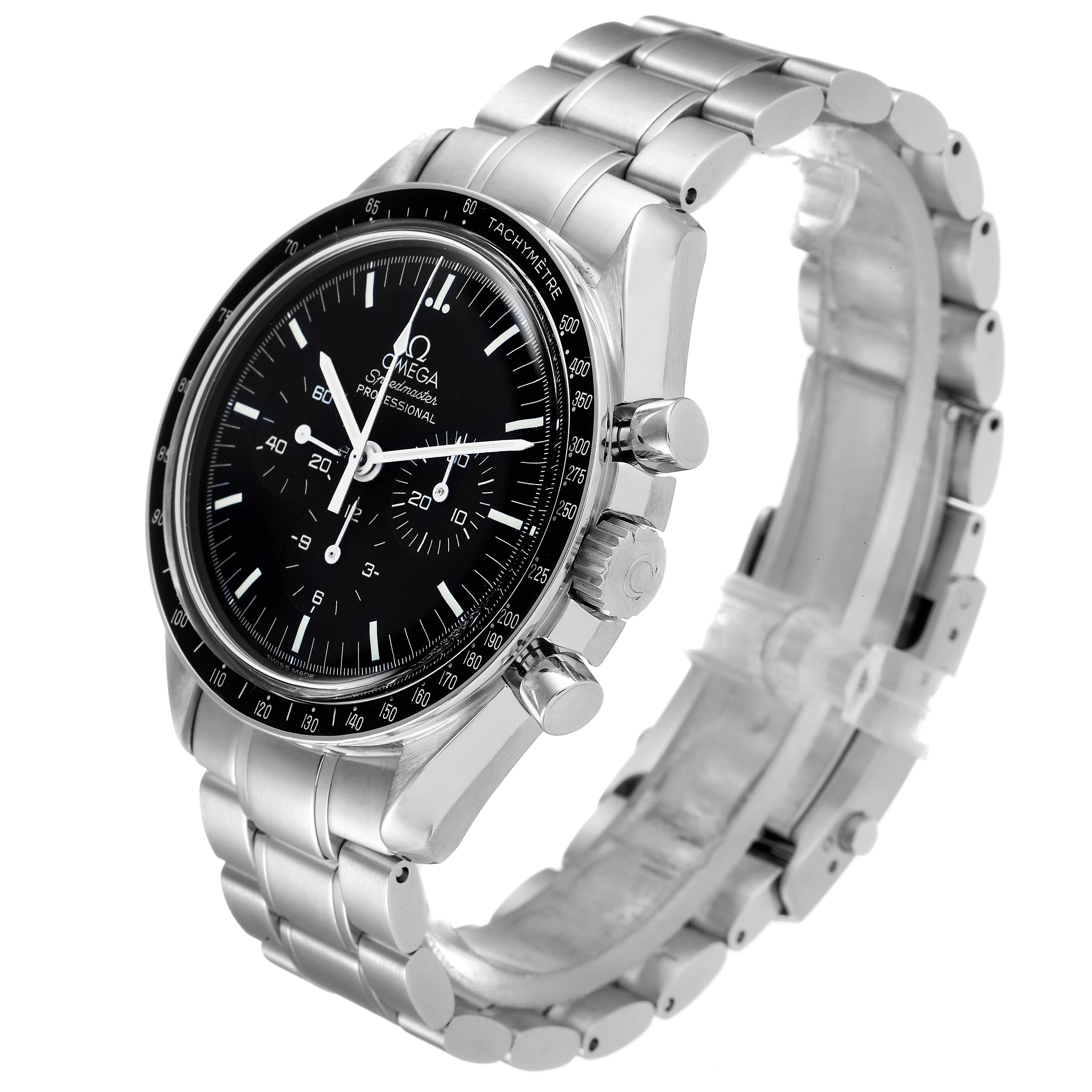 The image shows the Omega Speedmaster 3572.50.00 Men
s Stainless Steel Black Dial 3572.50.00 Men
s Stainless Steel Black Dial watch at a three-quarter angle, highlighting its black dial, tachymeter bezel, and stainless steel bracelet.