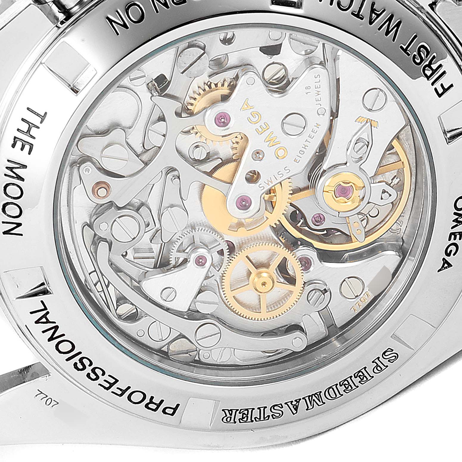 This image shows the back of the Omega Speedmaster 3572.50.00 Men
s Stainless Steel Black Dial 3572.50.00 Men
s Stainless Steel Black Dial watch, focusing on its intricate mechanical movement.