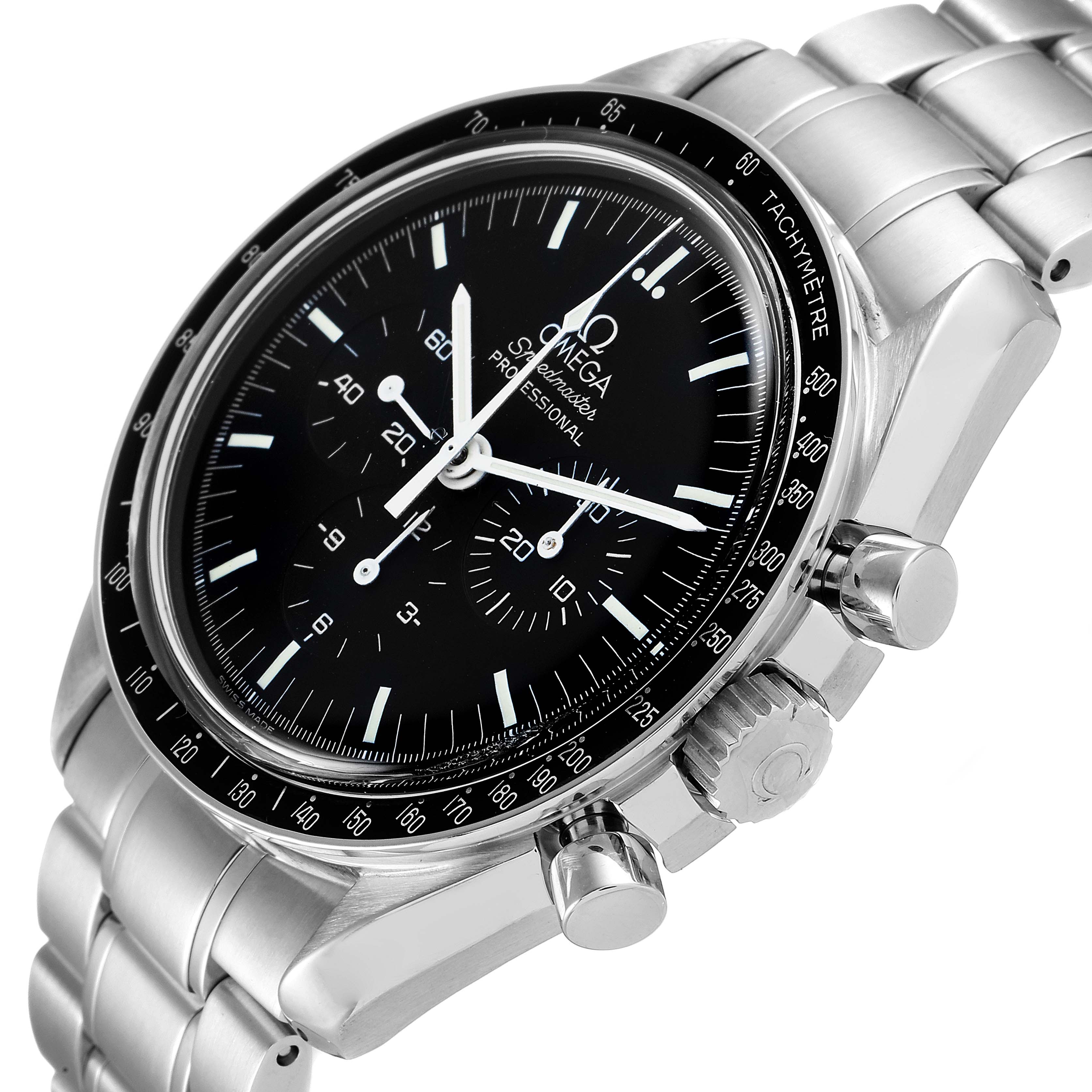 The Omega Speedmaster 3572.50.00 Men
s Stainless Steel Black Dial 3572.50.00 Men
s Stainless Steel Black Dial watch is shown at a tilted angle, highlighting its stainless steel bracelet, black dial, and tachymeter bezel.